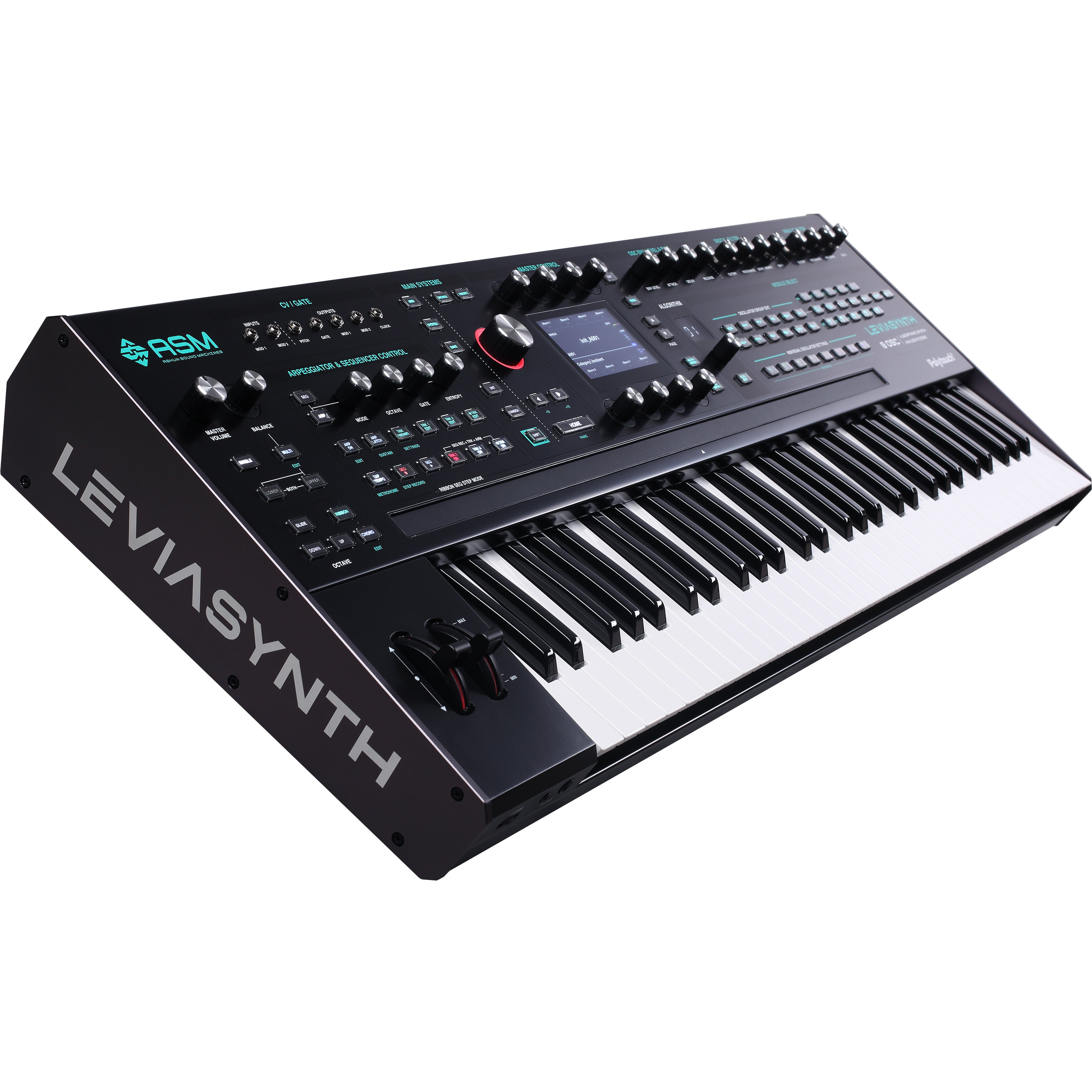 Black synthesizer keyboard with many knobs, keys, and a screen.