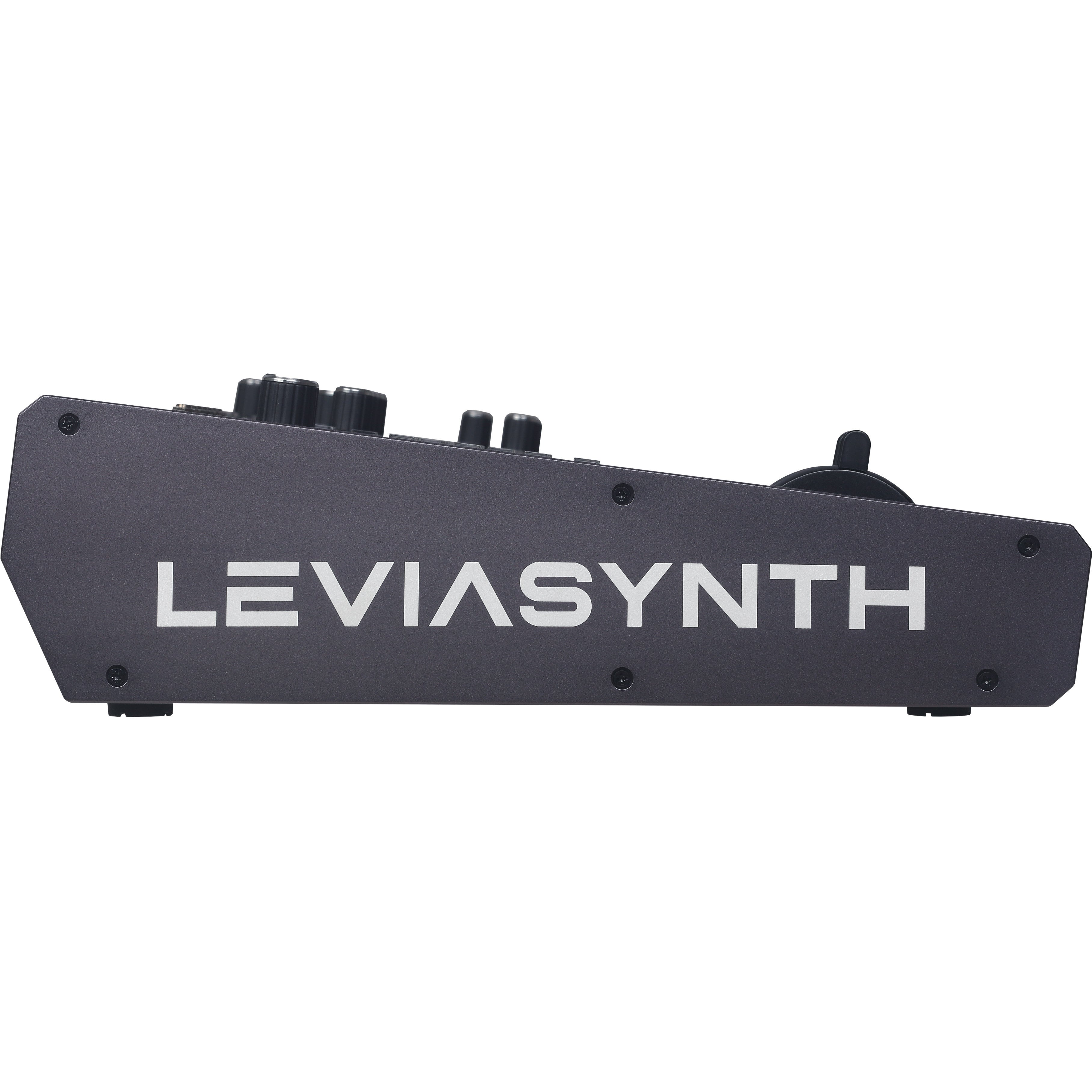 Gray synthesizer with knobs and 