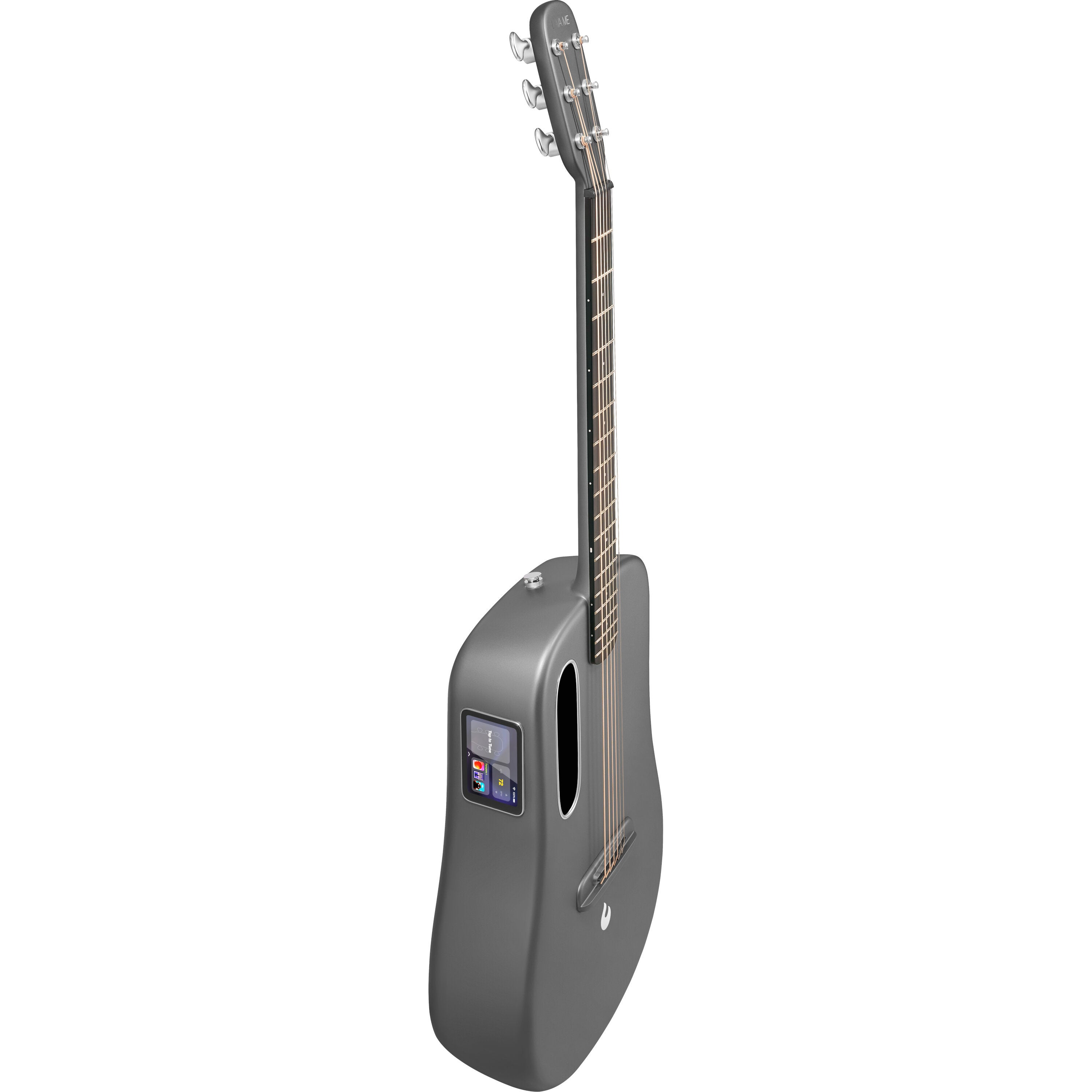 Gövdesinde dokunmatik ekran bulunan gri bir akustik gitar.