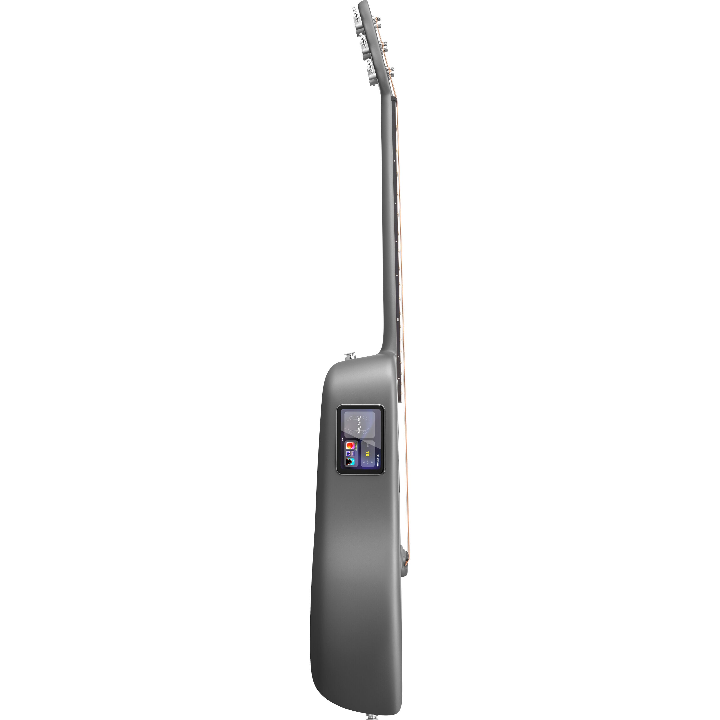 Gövdesinde dokunmatik ekran bulunan gri elektro gitar, yan görünüm.