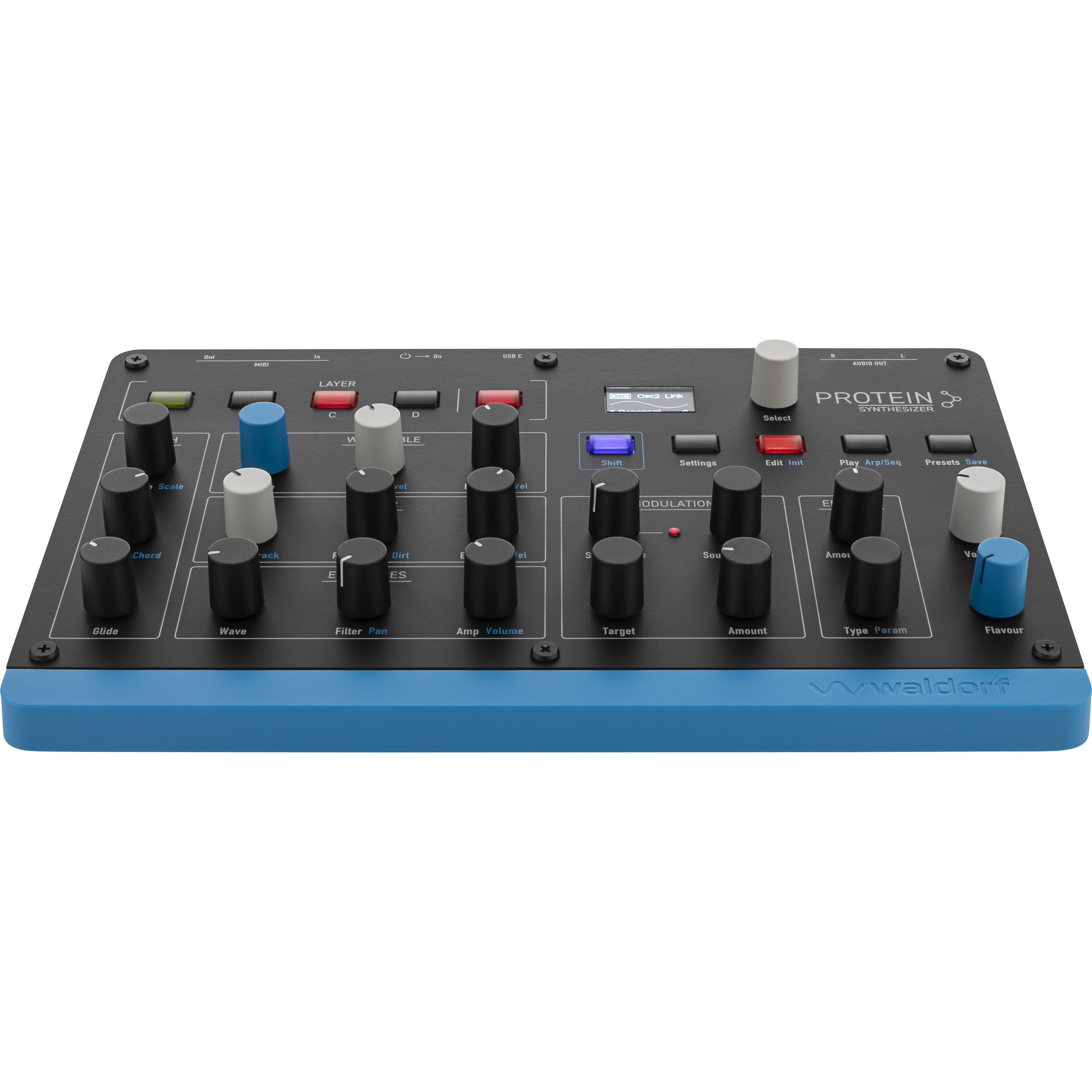 Een zwarte Waldorf Protein synthesizer met een blauwe basis en veel knoppen.