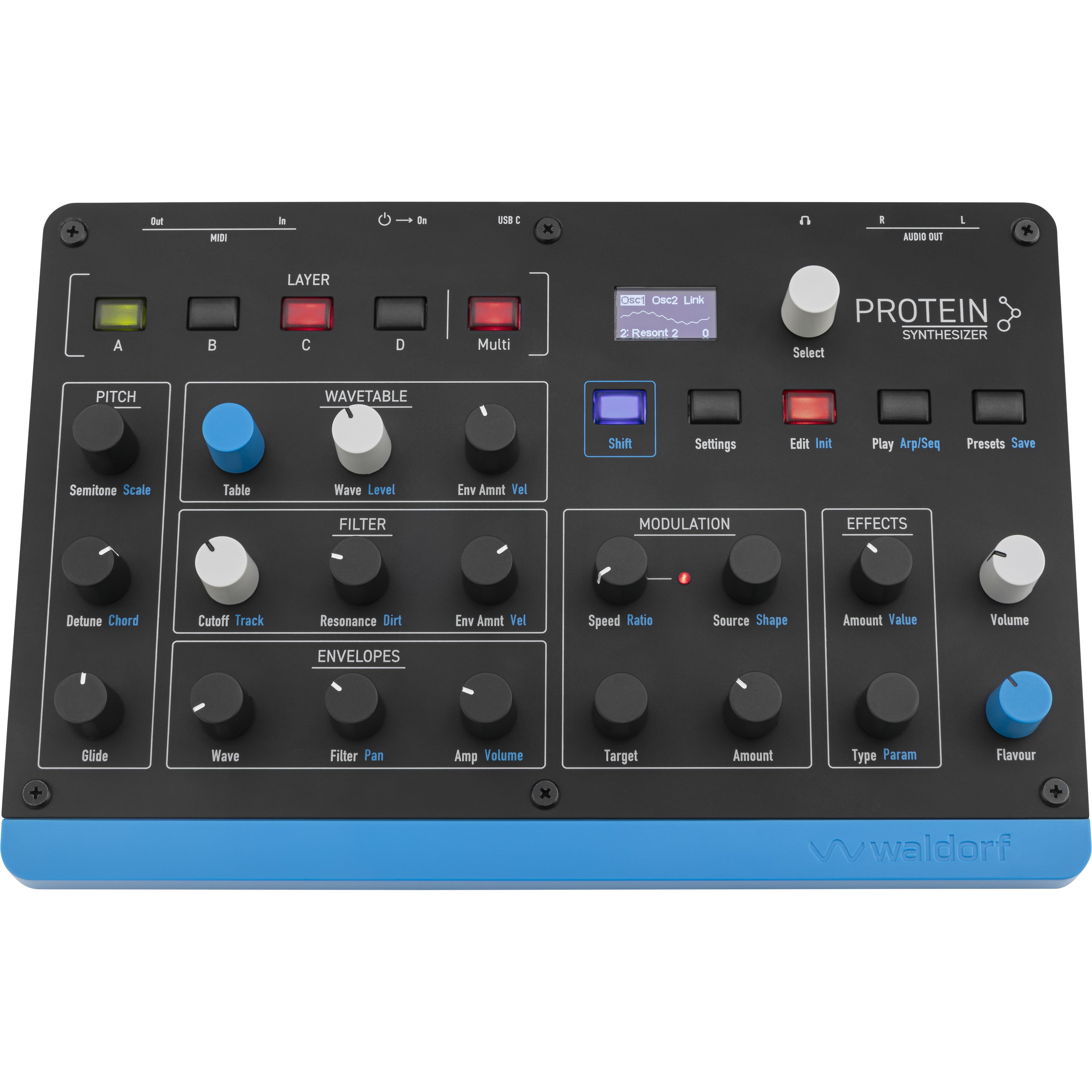 Een zwarte Waldorf Protein Synthesizer met blauwe accenten en vele knoppen.