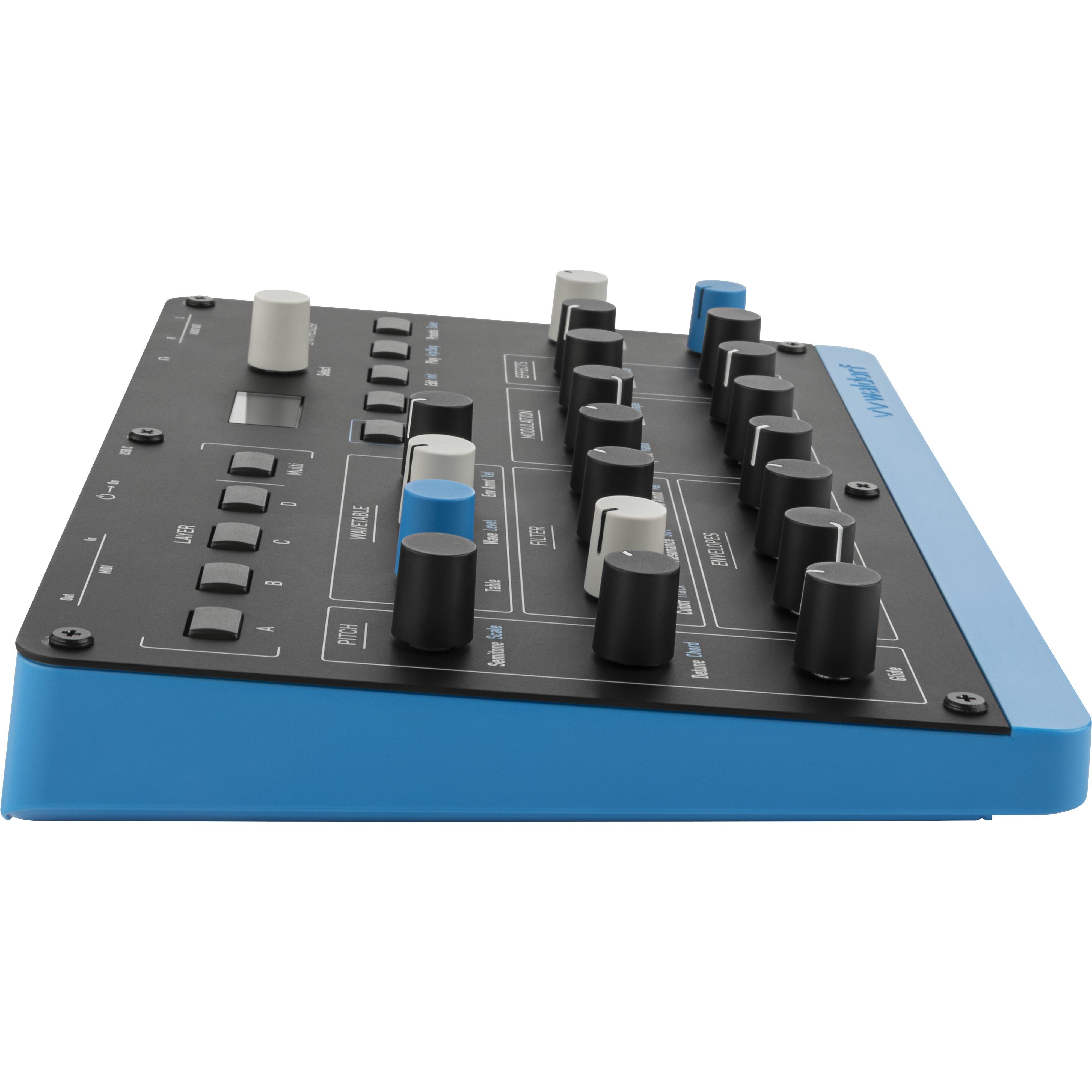 Een blauw synthesizer keyboard met zwarte en witte knoppen.