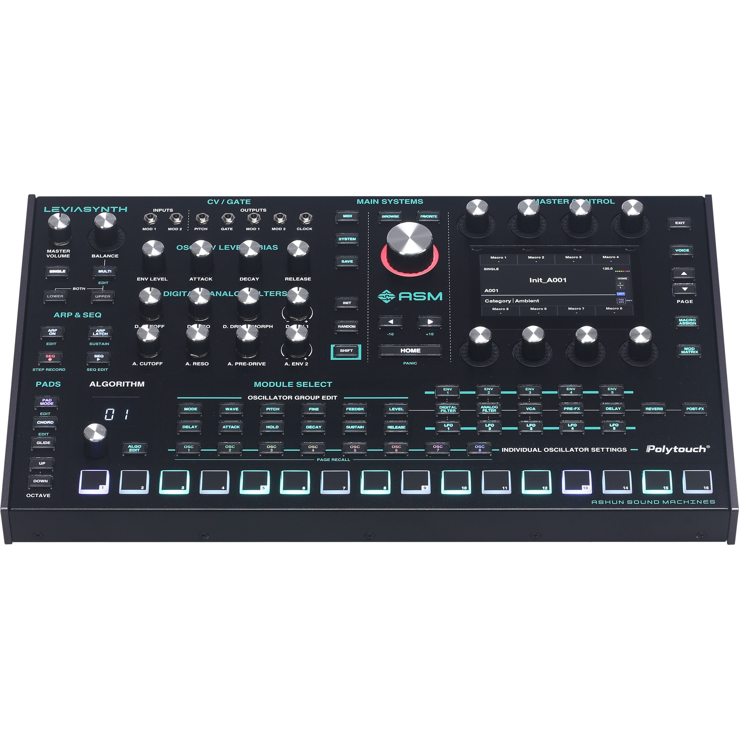 A black synthesizer keyboard with numerous knobs, buttons, and a screen.