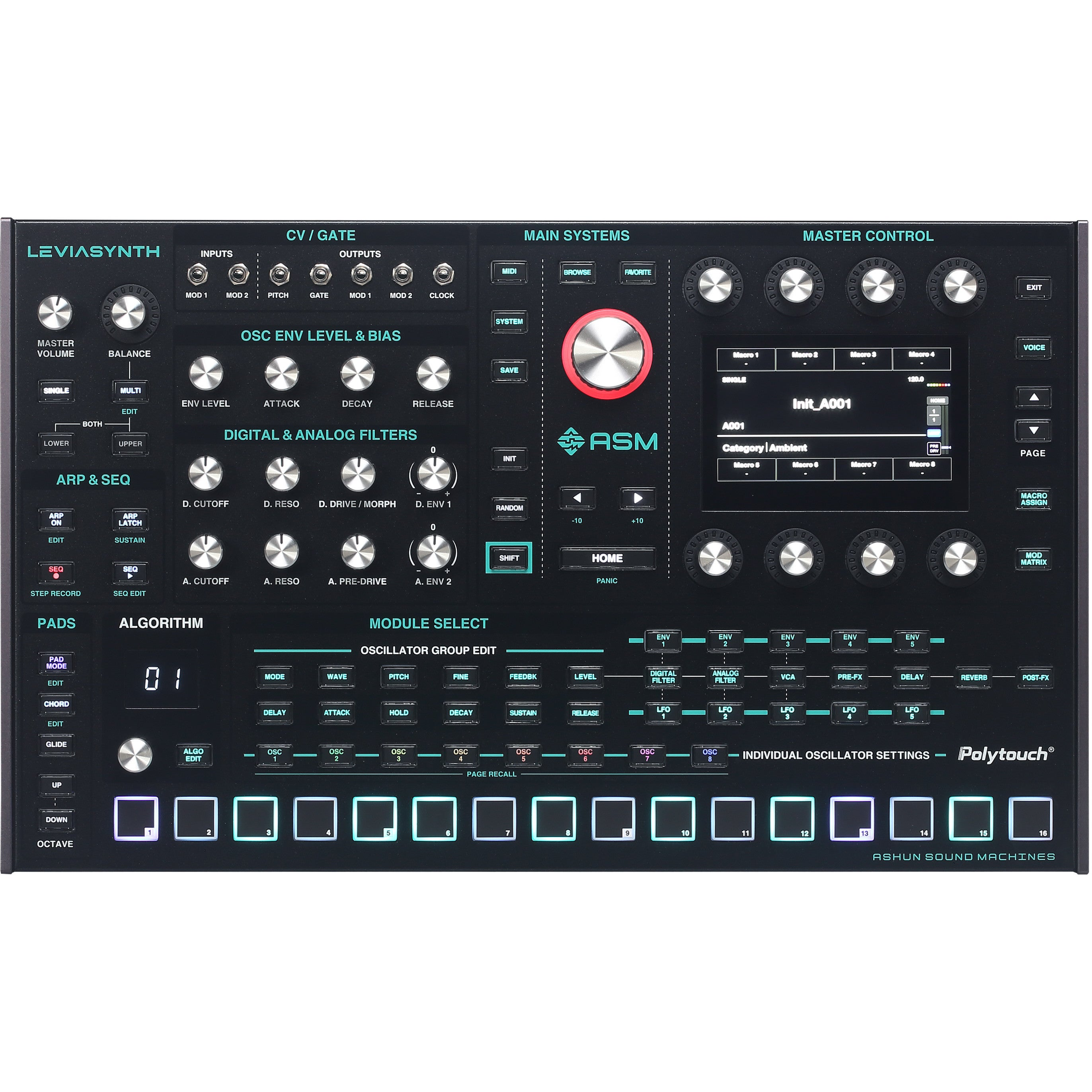 A black synthesizer keyboard with many knobs, switches, and a screen.