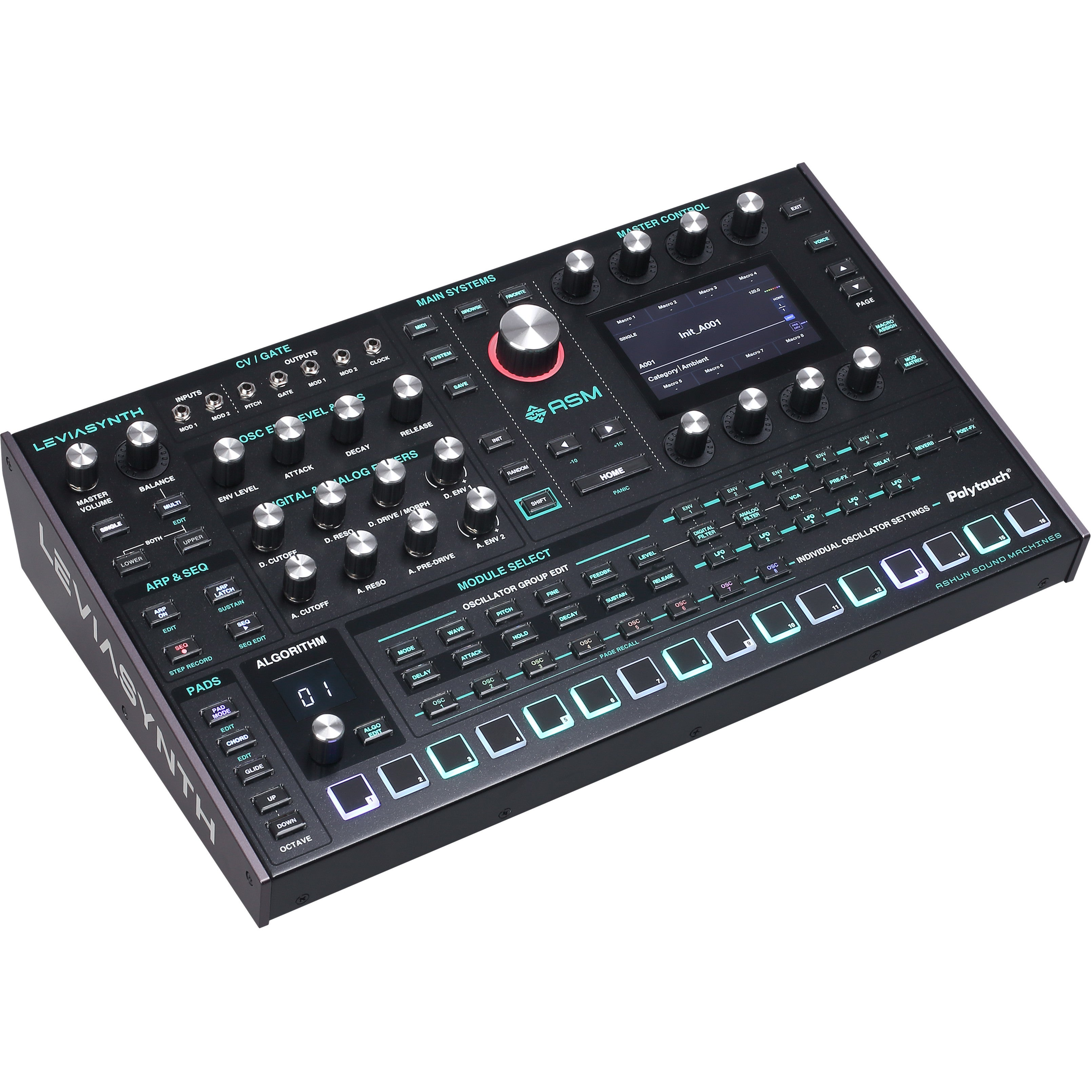A black polyphonic synthesizer with many knobs and buttons. Lightly illuminated pads.