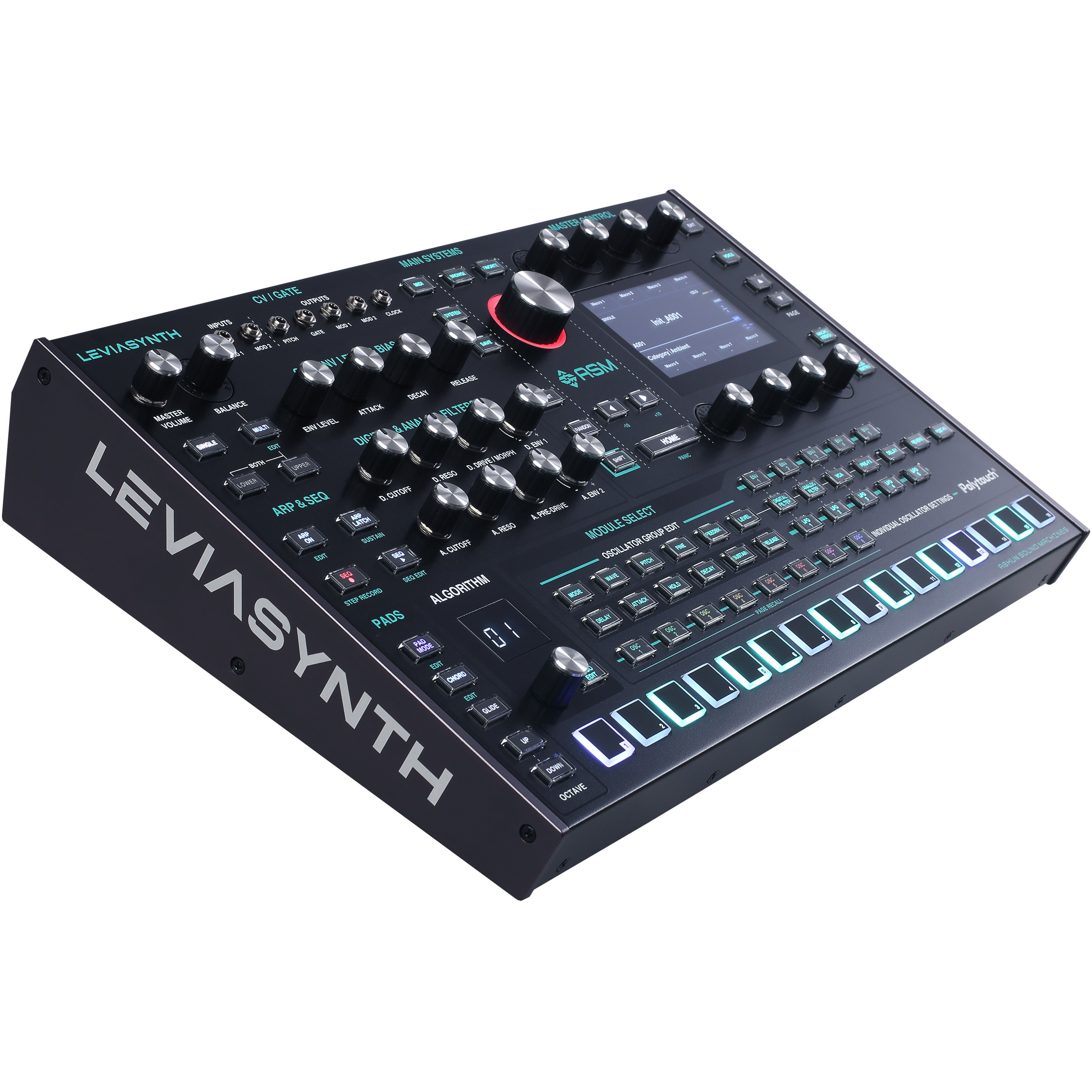 Black synthesizer with many knobs and lights, white background.