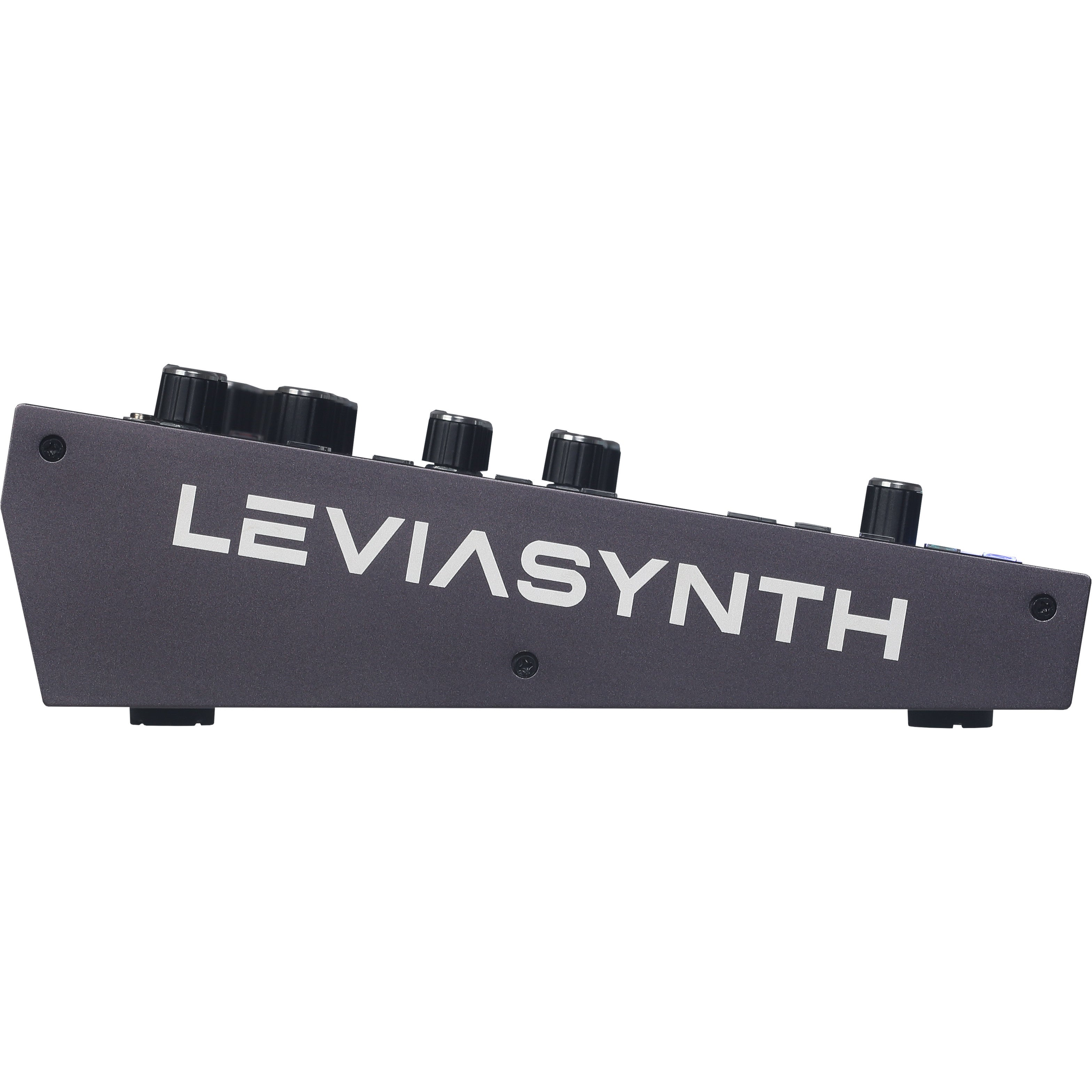 Gray synthesizer casing with black knobs and white 