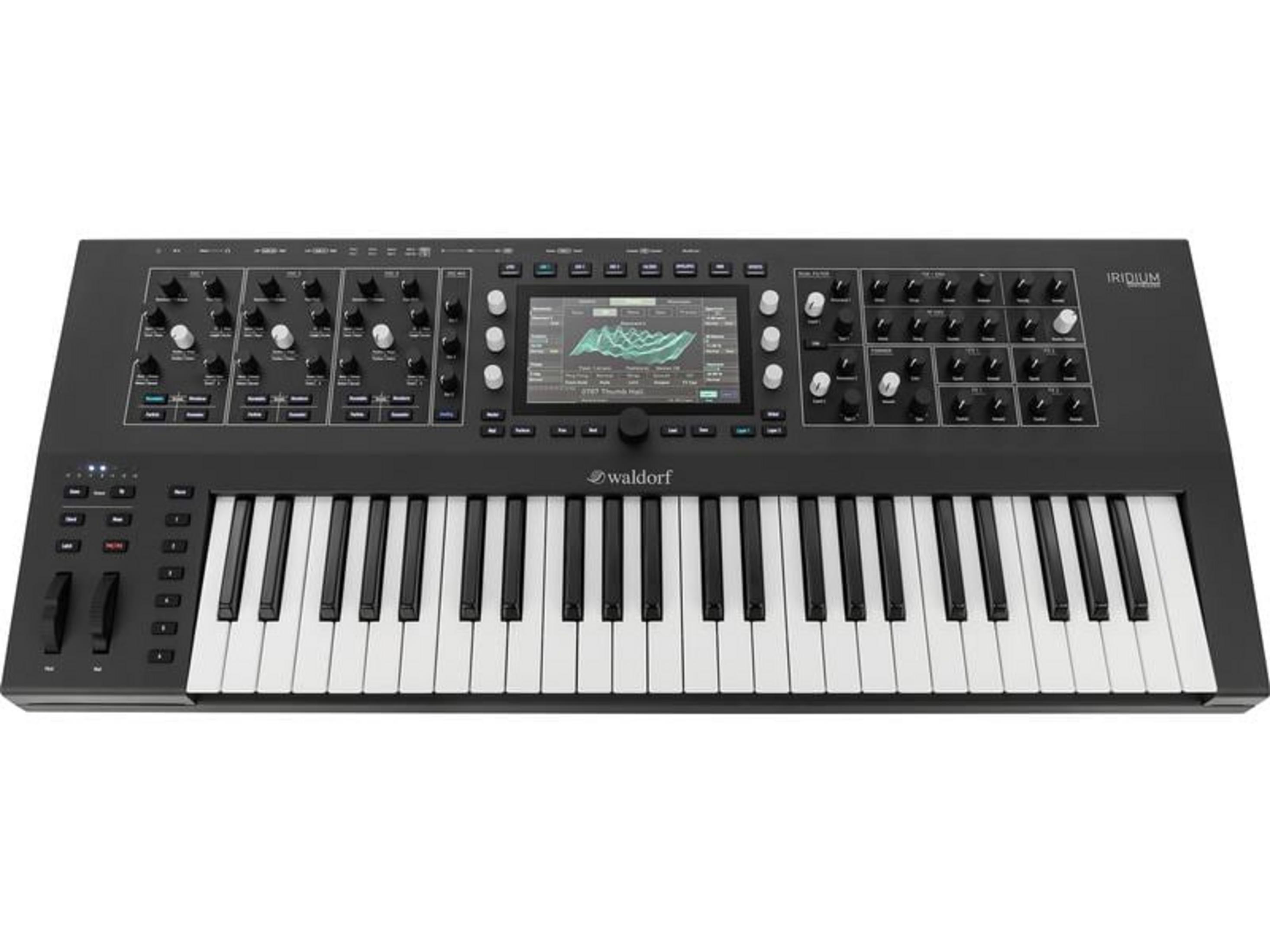 A black synthesizer with a keyboard and screen. Waldorf Iridium.