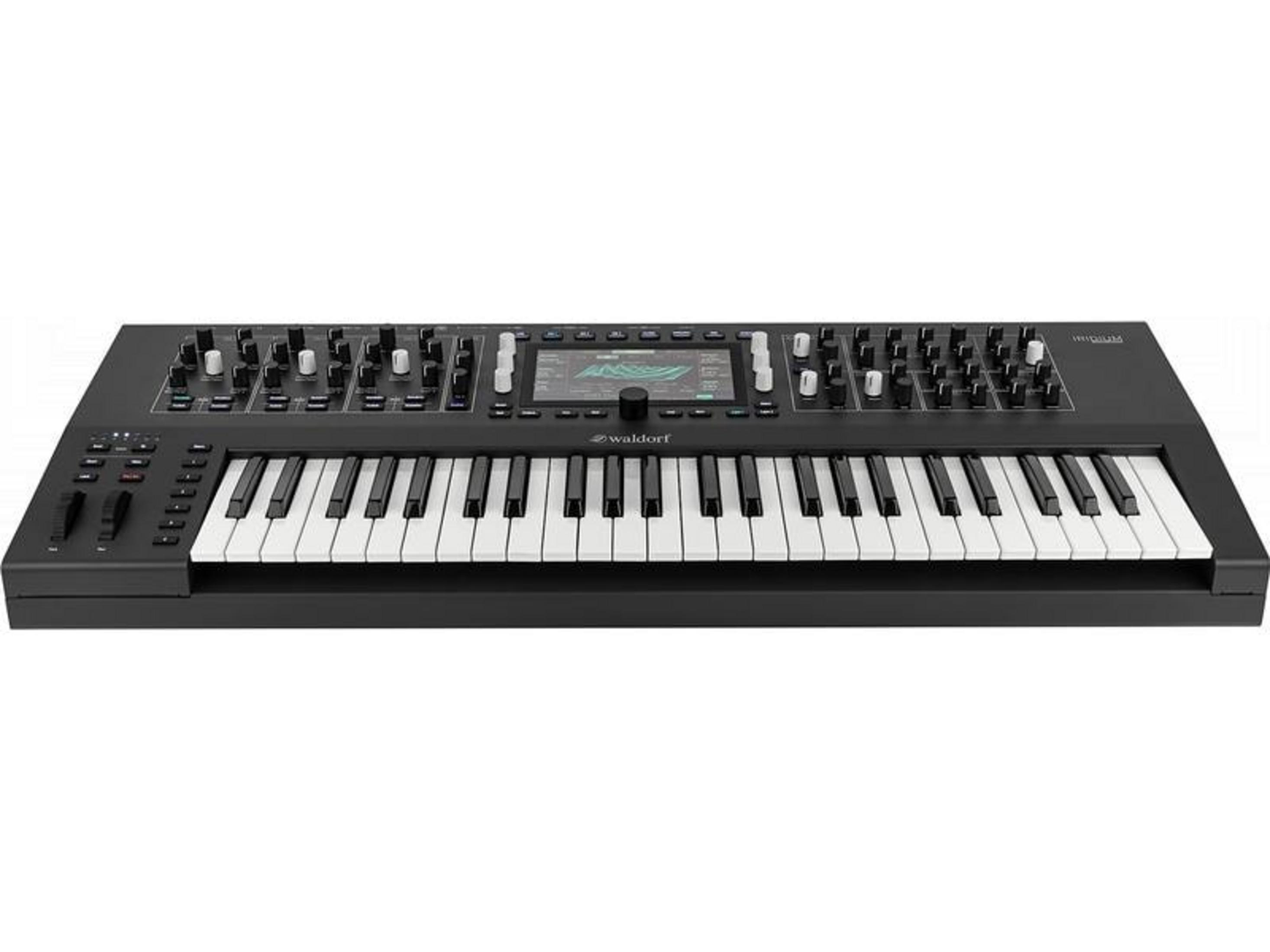 A black Waldorf synthesizer keyboard with numerous knobs and a screen.