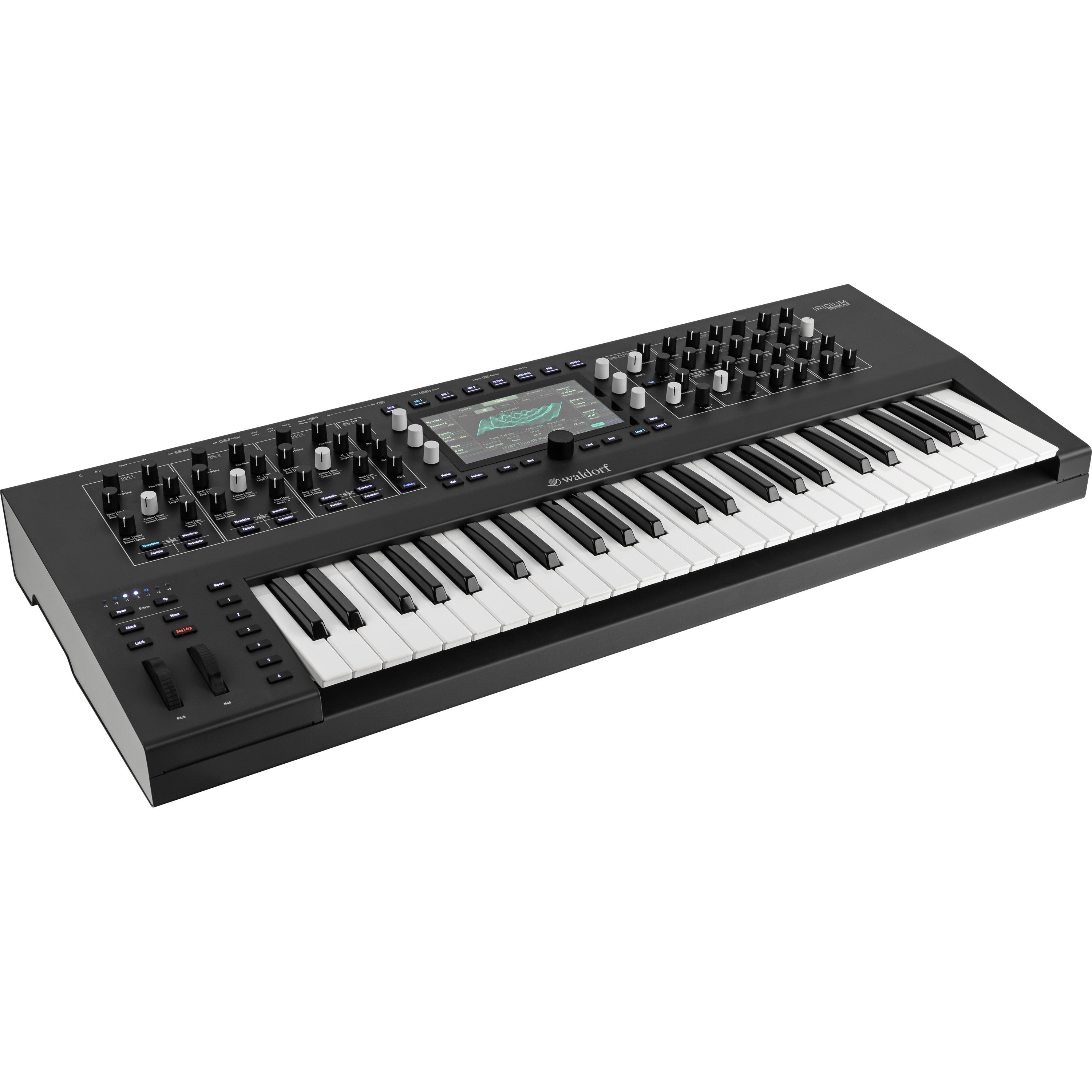A black Waldorf Iridium synthesizer keyboard with many knobs and keys.