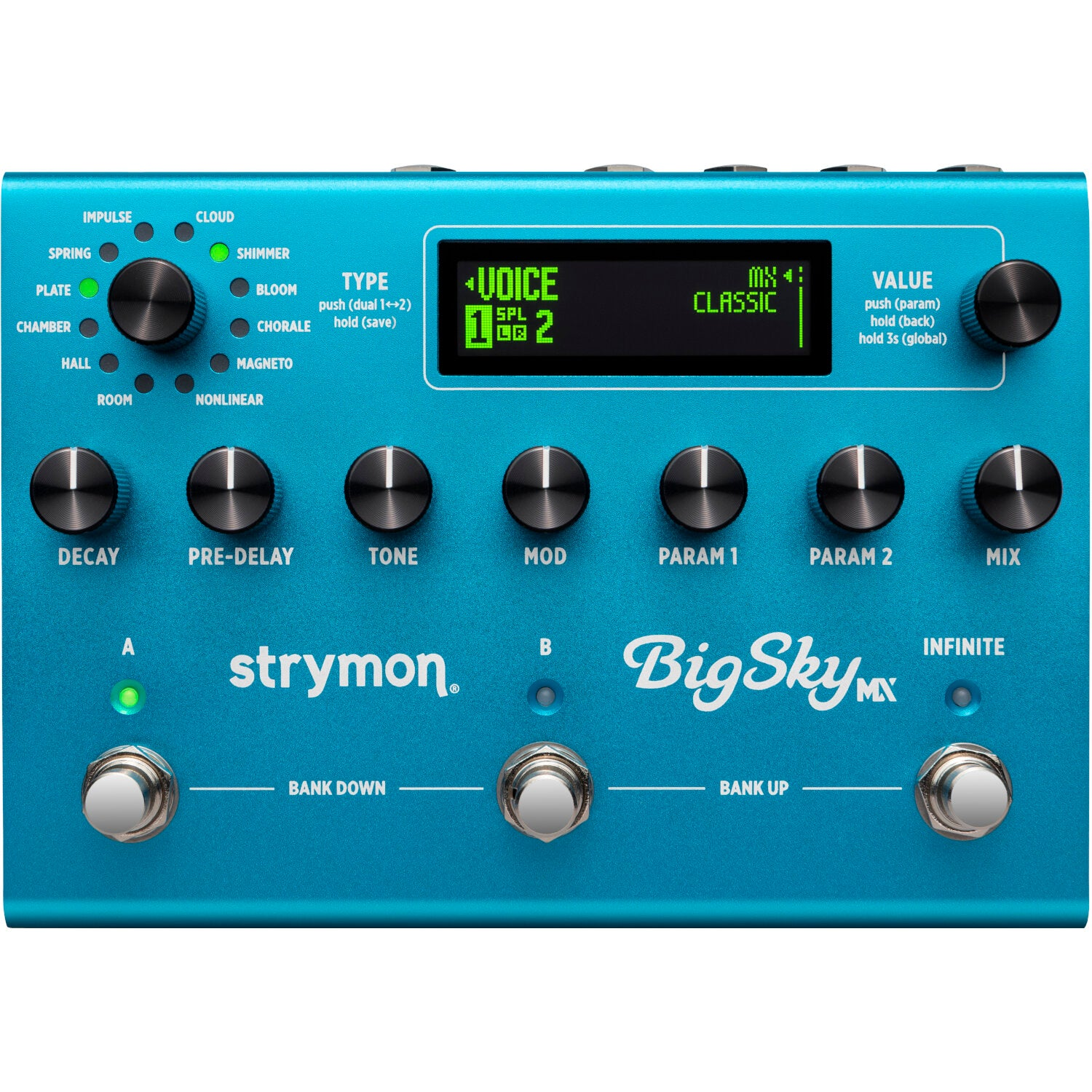 Blauw Strymon BigSky pedaal met knoppen, scherm en voetschakelaars.