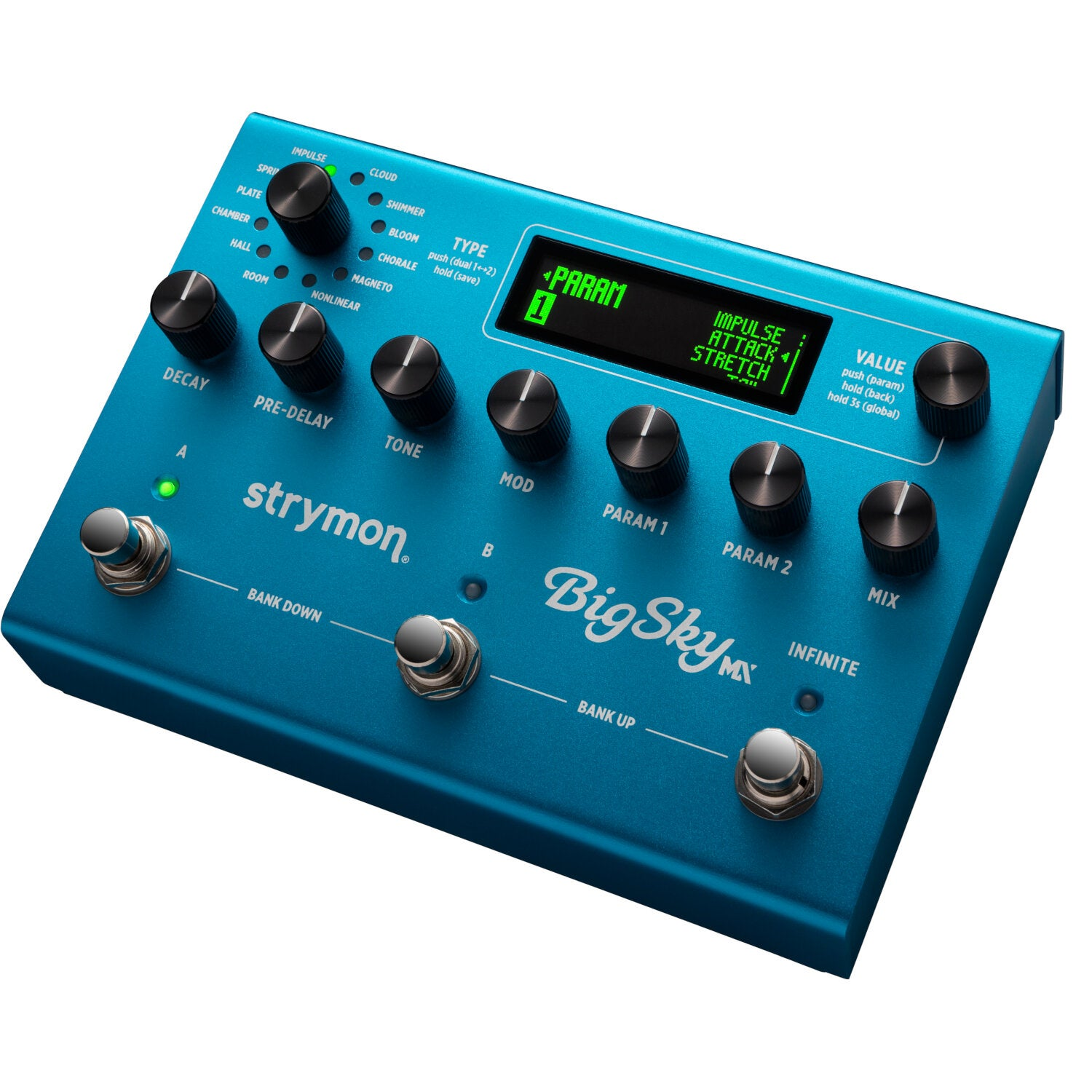 Blauw Strymon BigSky reverb pedaal met knoppen, knoppen en digitaal display.