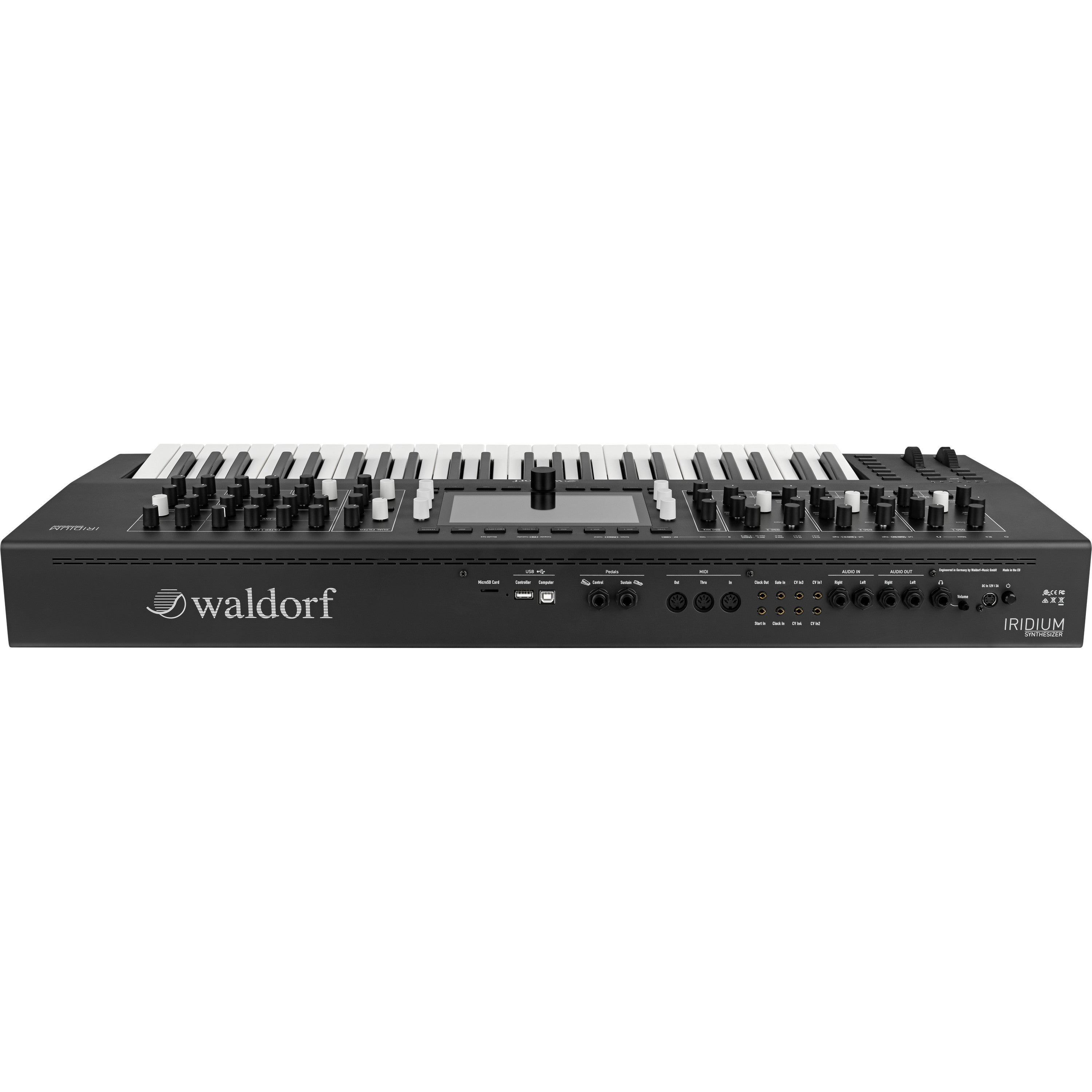A black Waldorf Iridium synthesizer with keyboard, knobs, and ports.