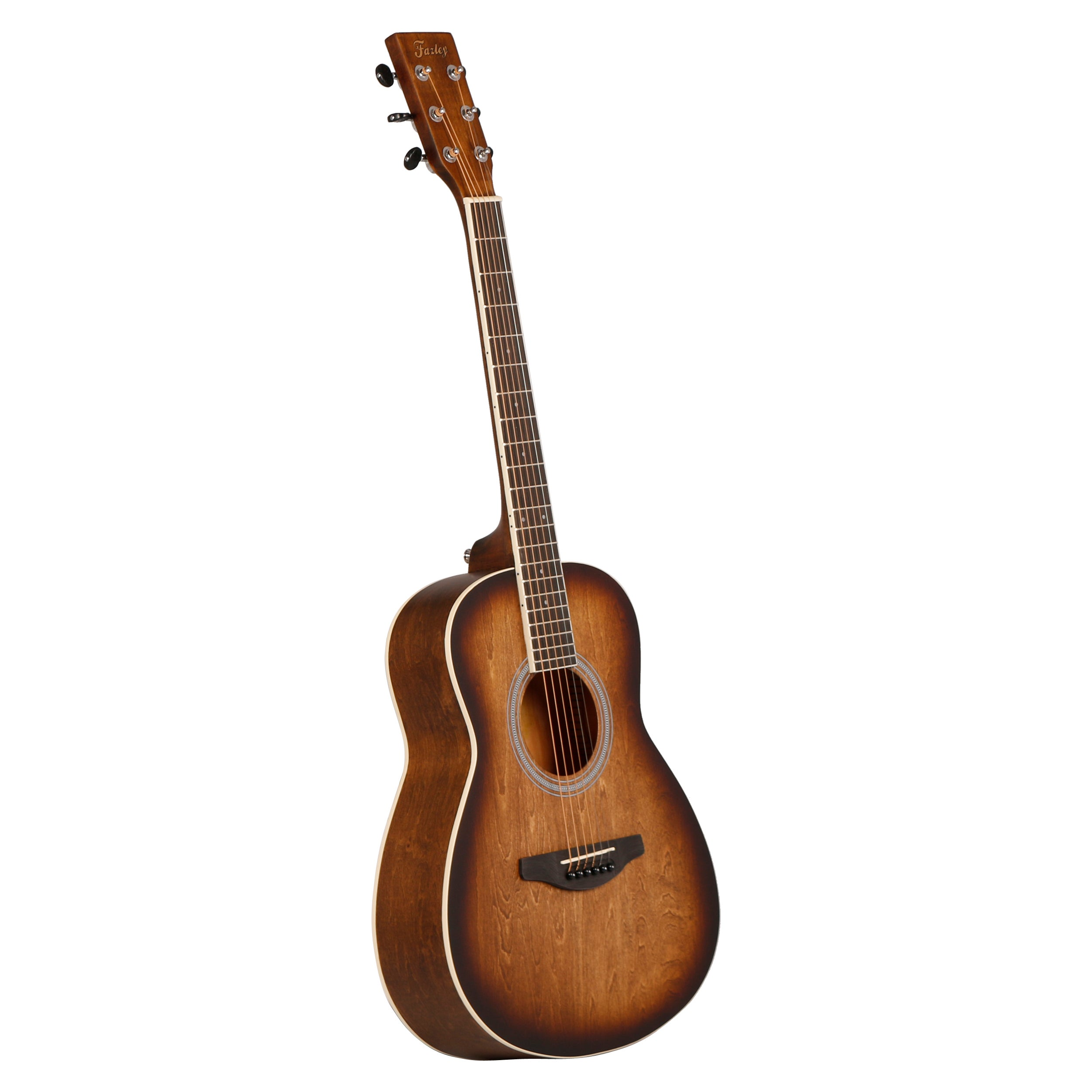 Een bruine akoestische gitaar met witte binding en zilveren stemknoppen.