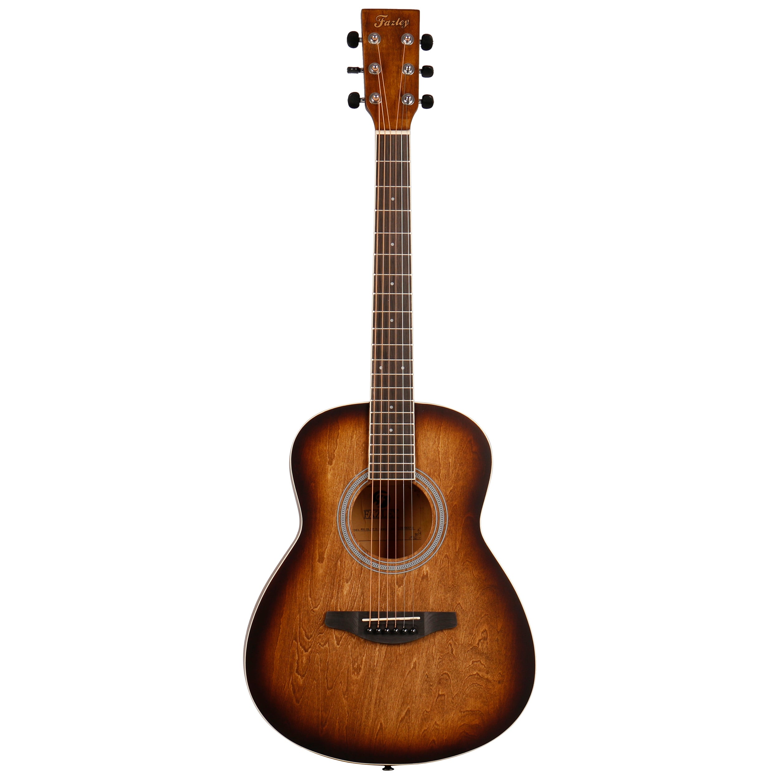 Een bruine akoestische gitaar met zes snaren en een Fazley-logo op de kop.