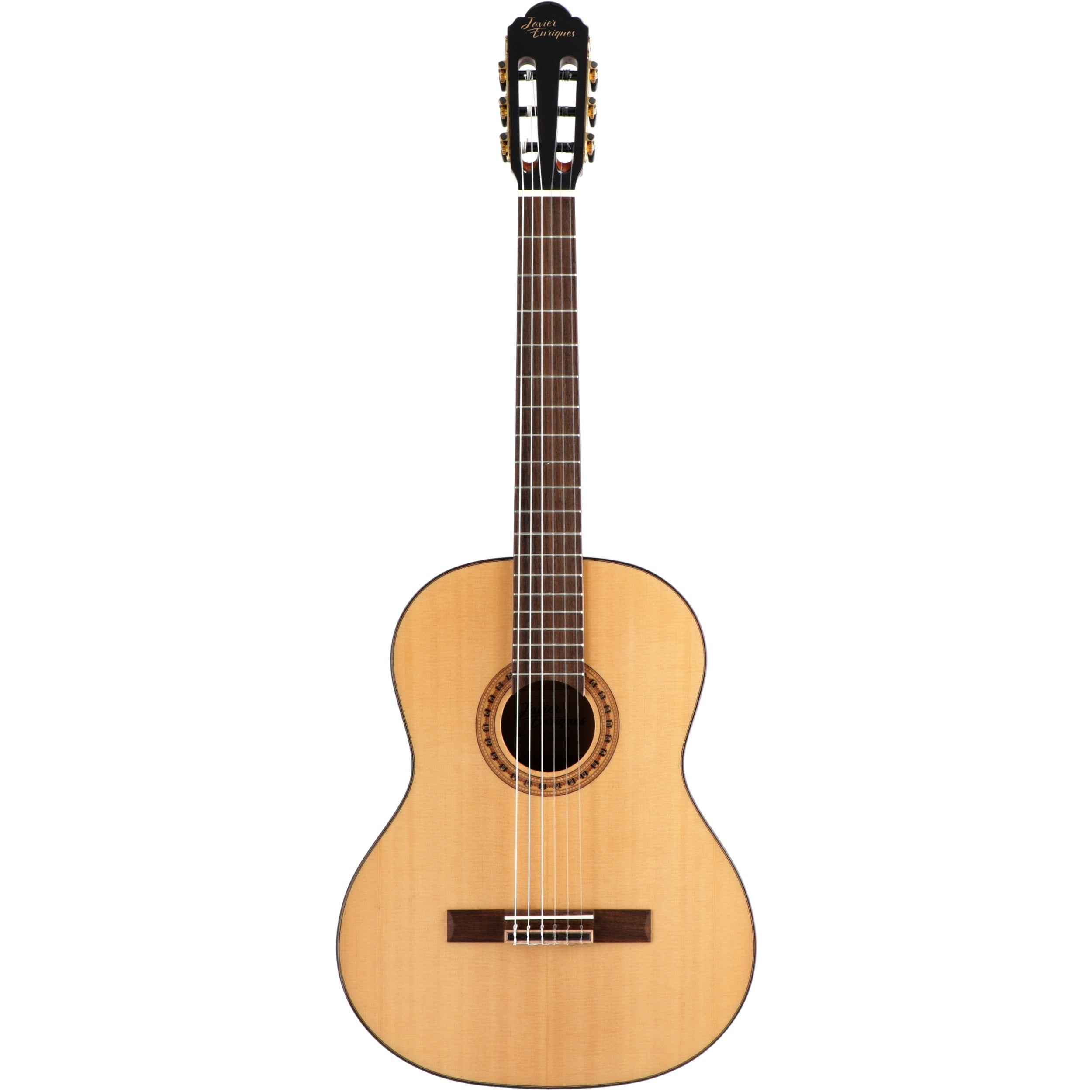 Akoestische gitaar met lichte houten body, donkere hals en snaren.