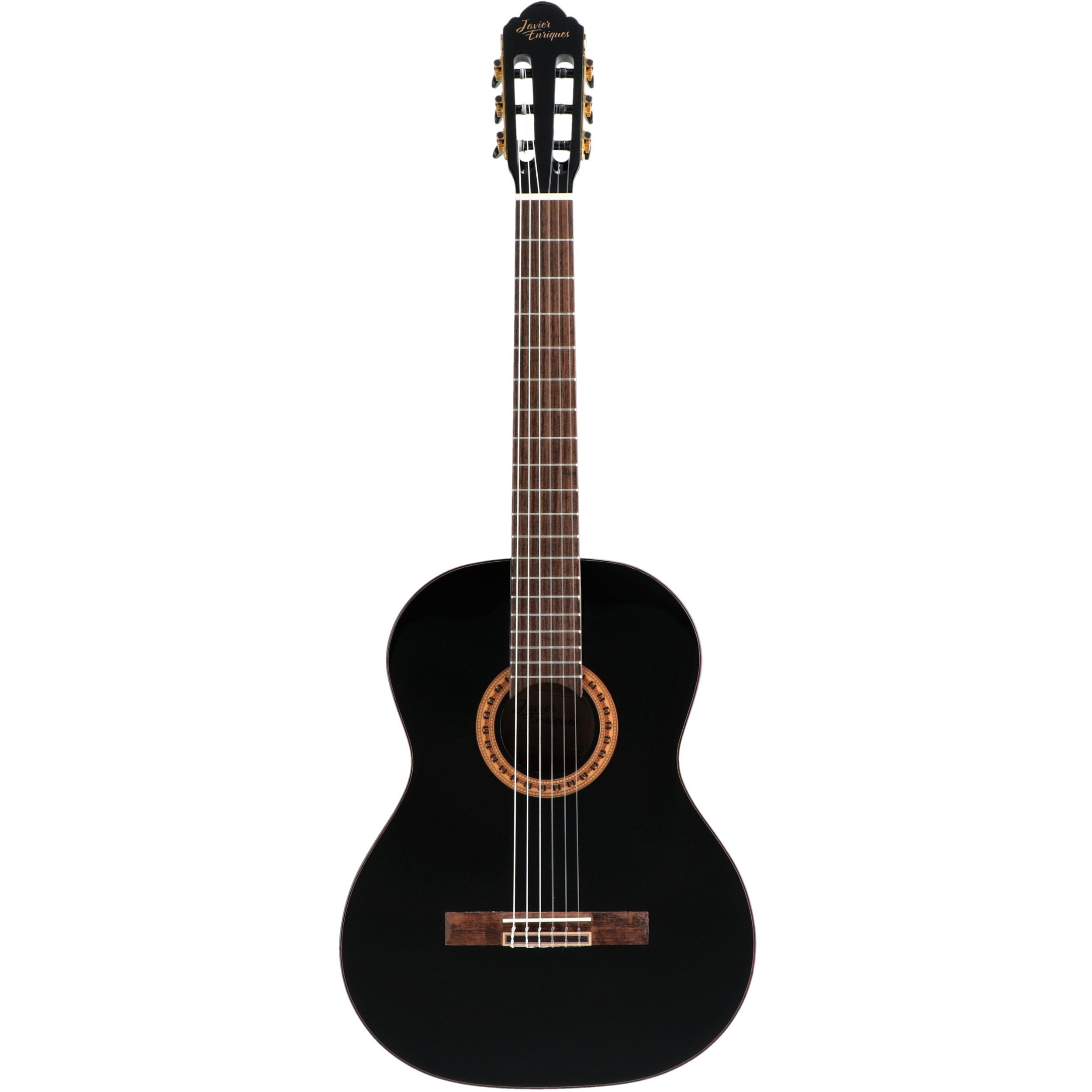 Een zwarte klassieke gitaar met zes snaren en een versierd klankgat.