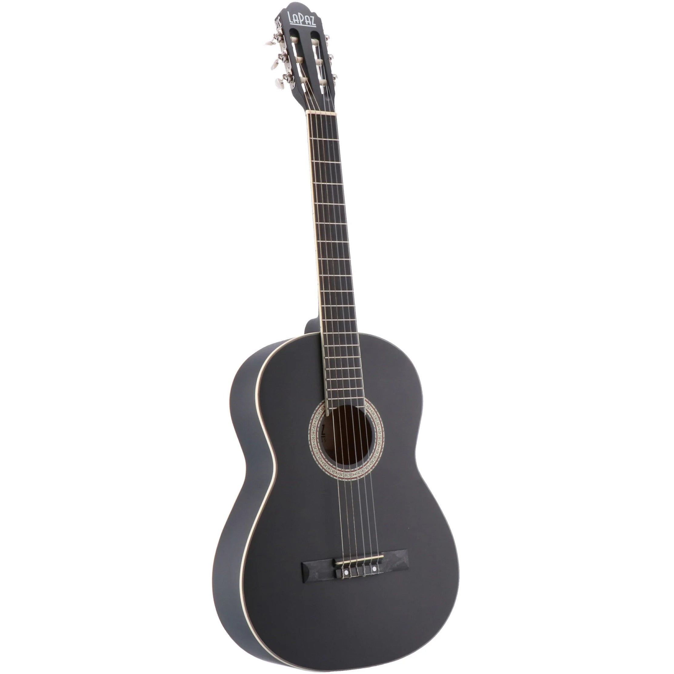 A black acoustic guitar with six strings, labeled LaPaz.