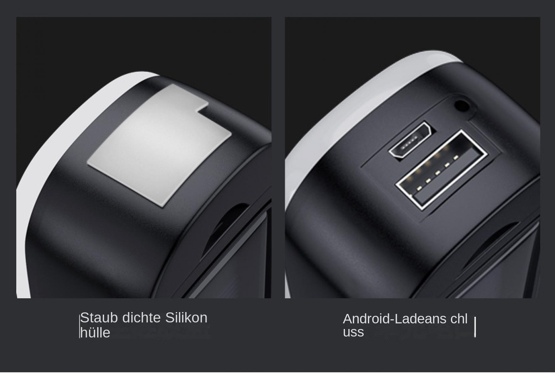 Nahaufnahme eines schwarzen Geräts mit USB-Anschlüssen und einem silbernen Quadrat.