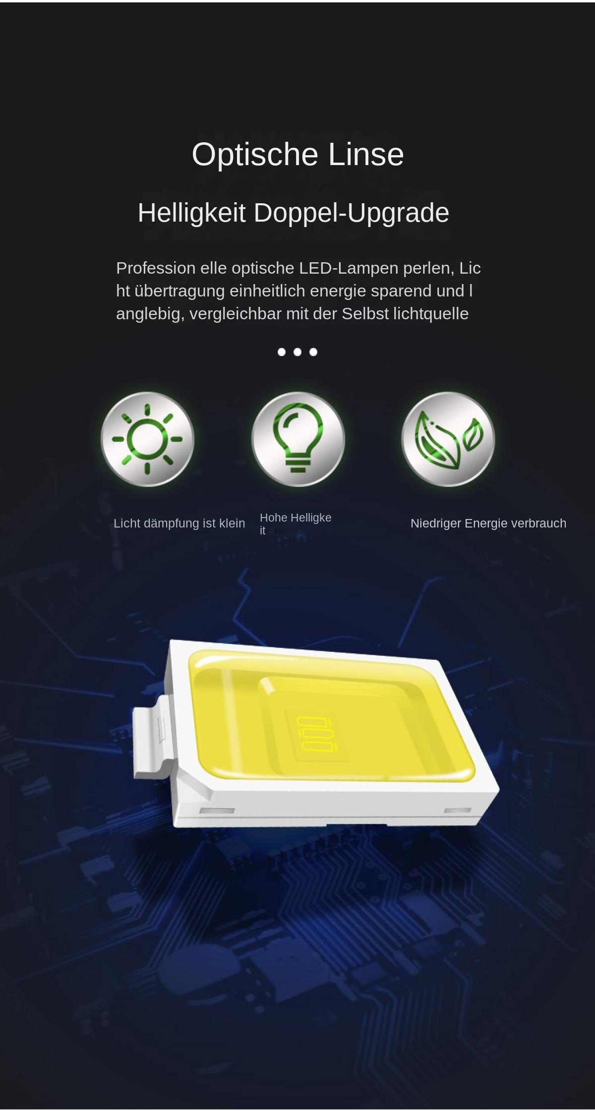Optische Linse, Helligkeit Doppel-Upgrade, mit Symbolen für Lichtdämpfung, Helligkeit und Energieverbrauch.