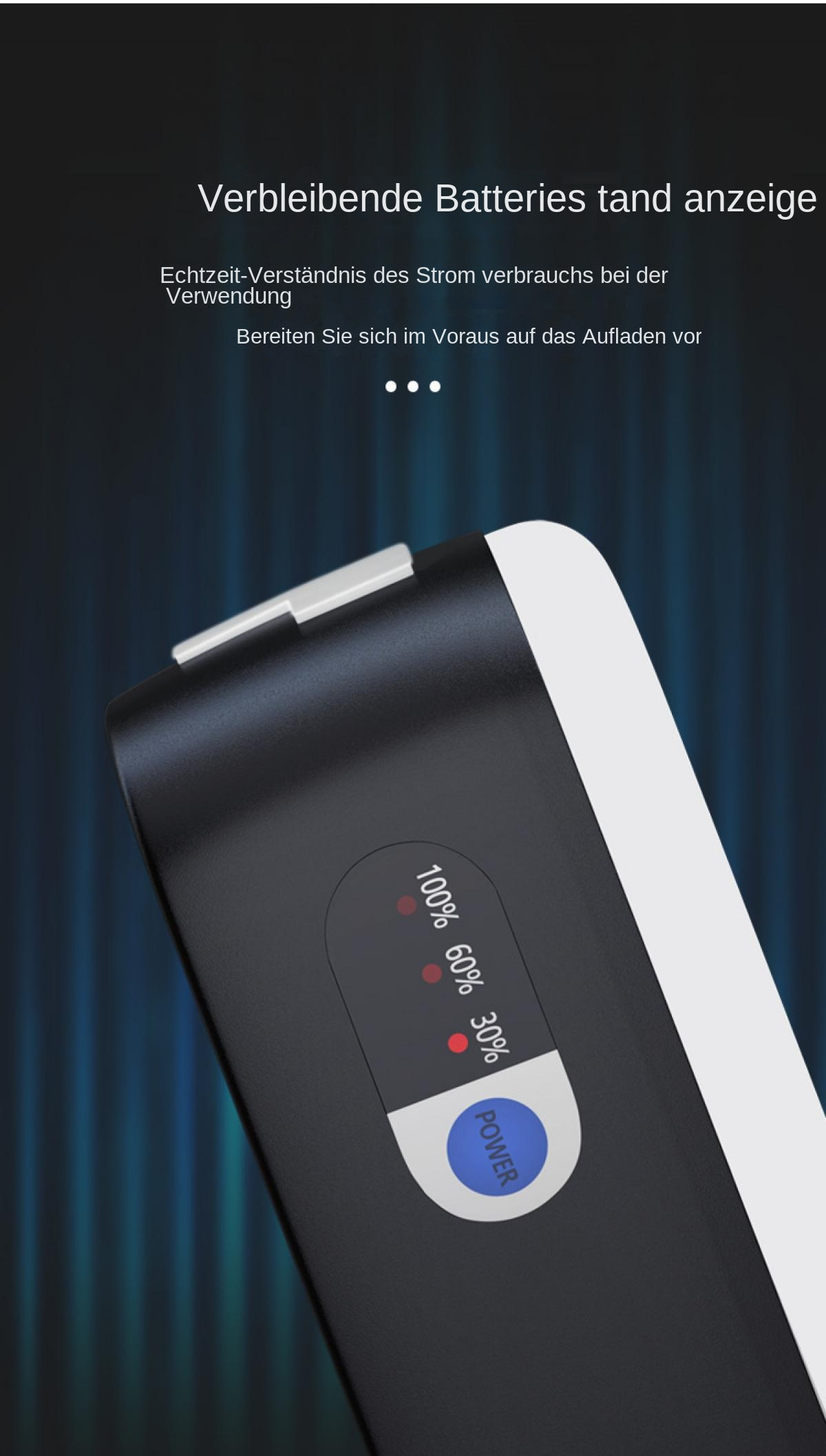 Ein schwarzer Akku mit blauer POWER-Taste und Batteriestandsanzeige.