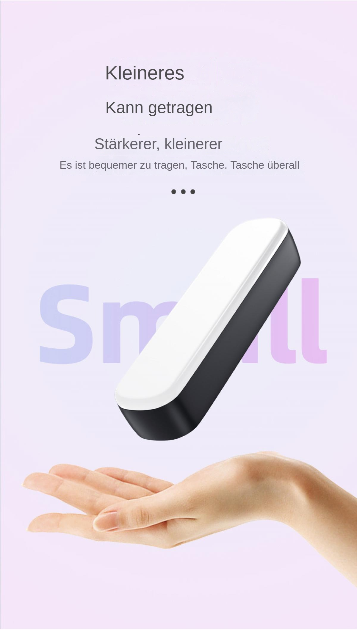 Eine Hand hält ein kleines, weißes und schwarzes Gerät. Der Hintergrund ist lila.