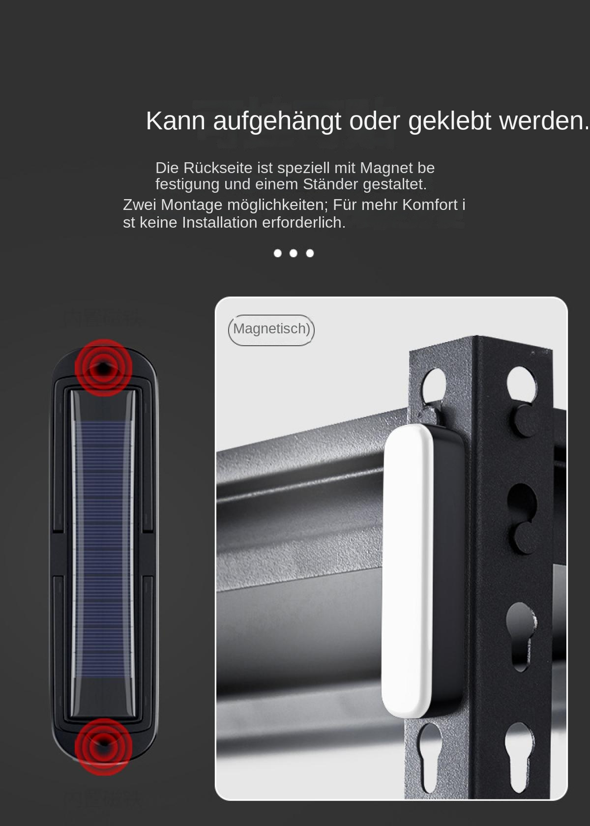 Ein schwarzes, längliches Objekt mit Solarpanel und roten Magneten wird gezeigt.