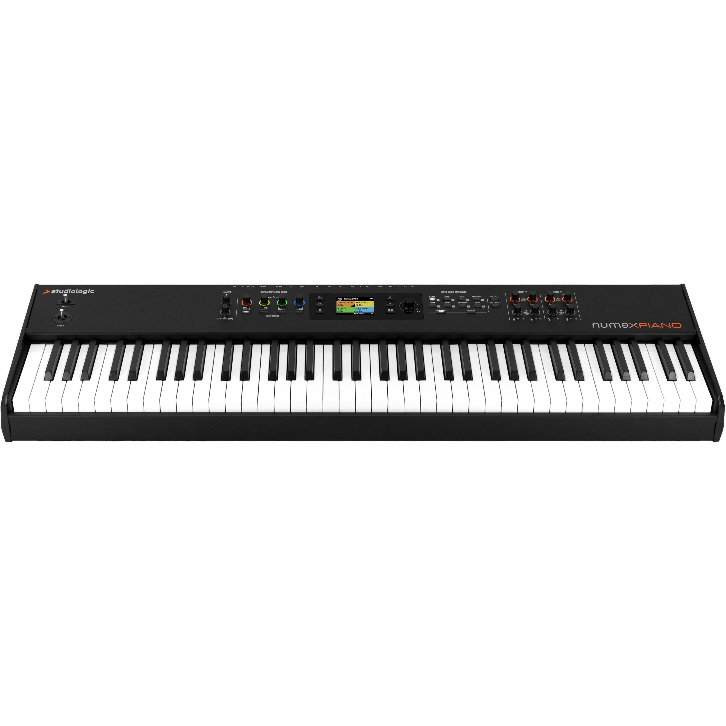 A black Studiologic Numa X Piano keyboard with white and black keys and a color display.