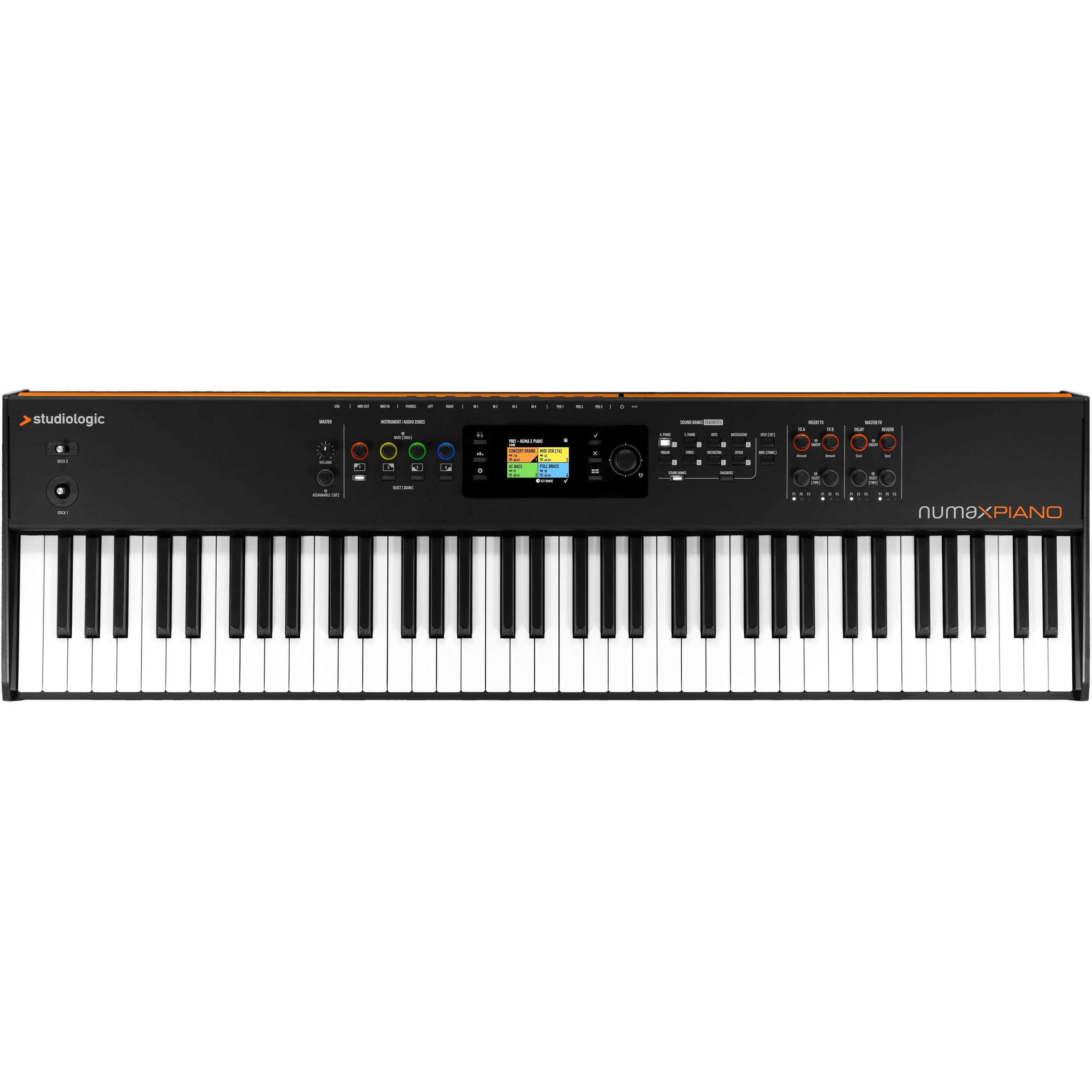 A black digital piano with orange accents and a keyboard.