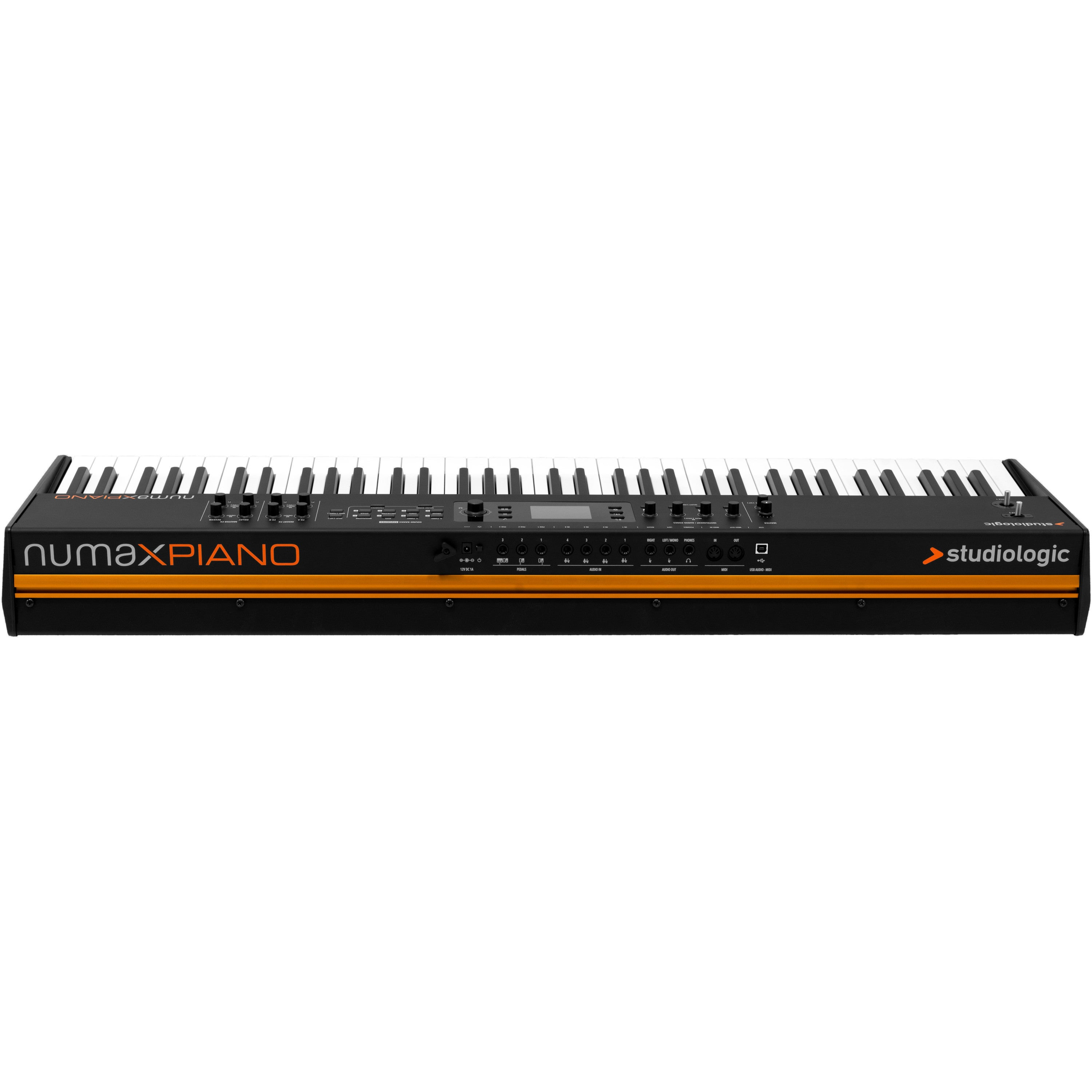 Black 61-key keyboard with orange lettering, knobs, and display screen.