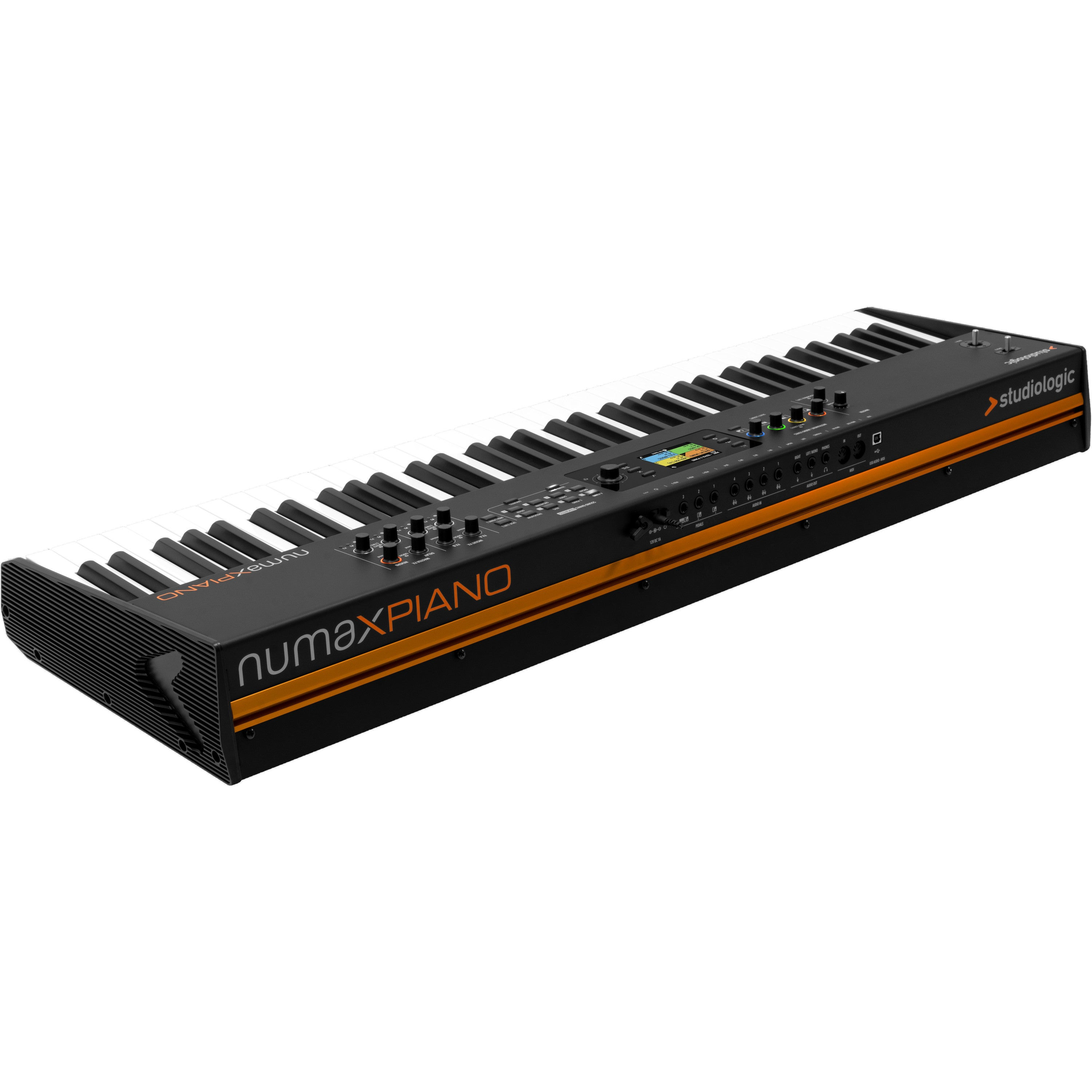 Black piano with orange accents and keys.