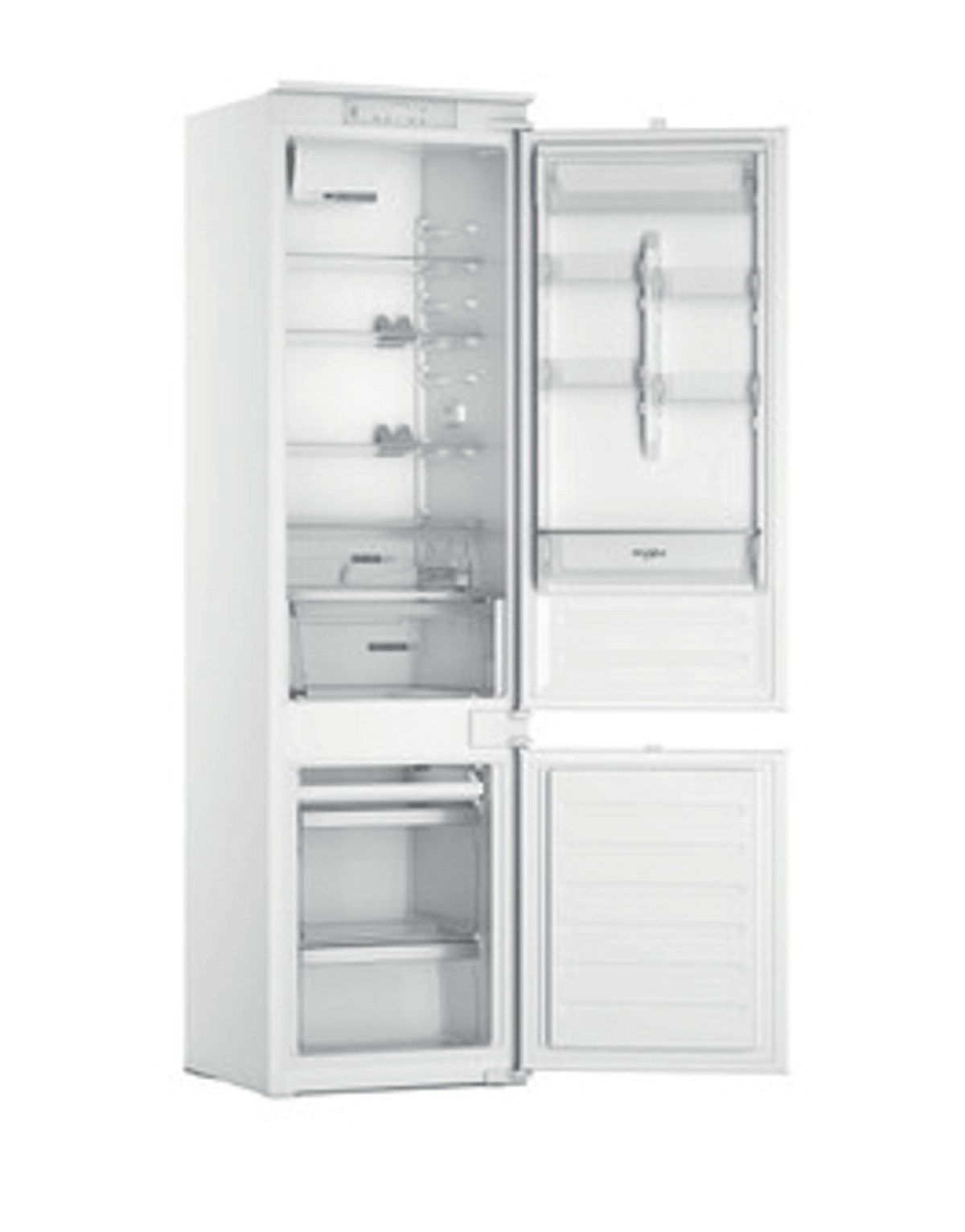 Un refrigerador blanco con las puertas abiertas. A la izquierda el frigorífico, a la derecha el congelador.