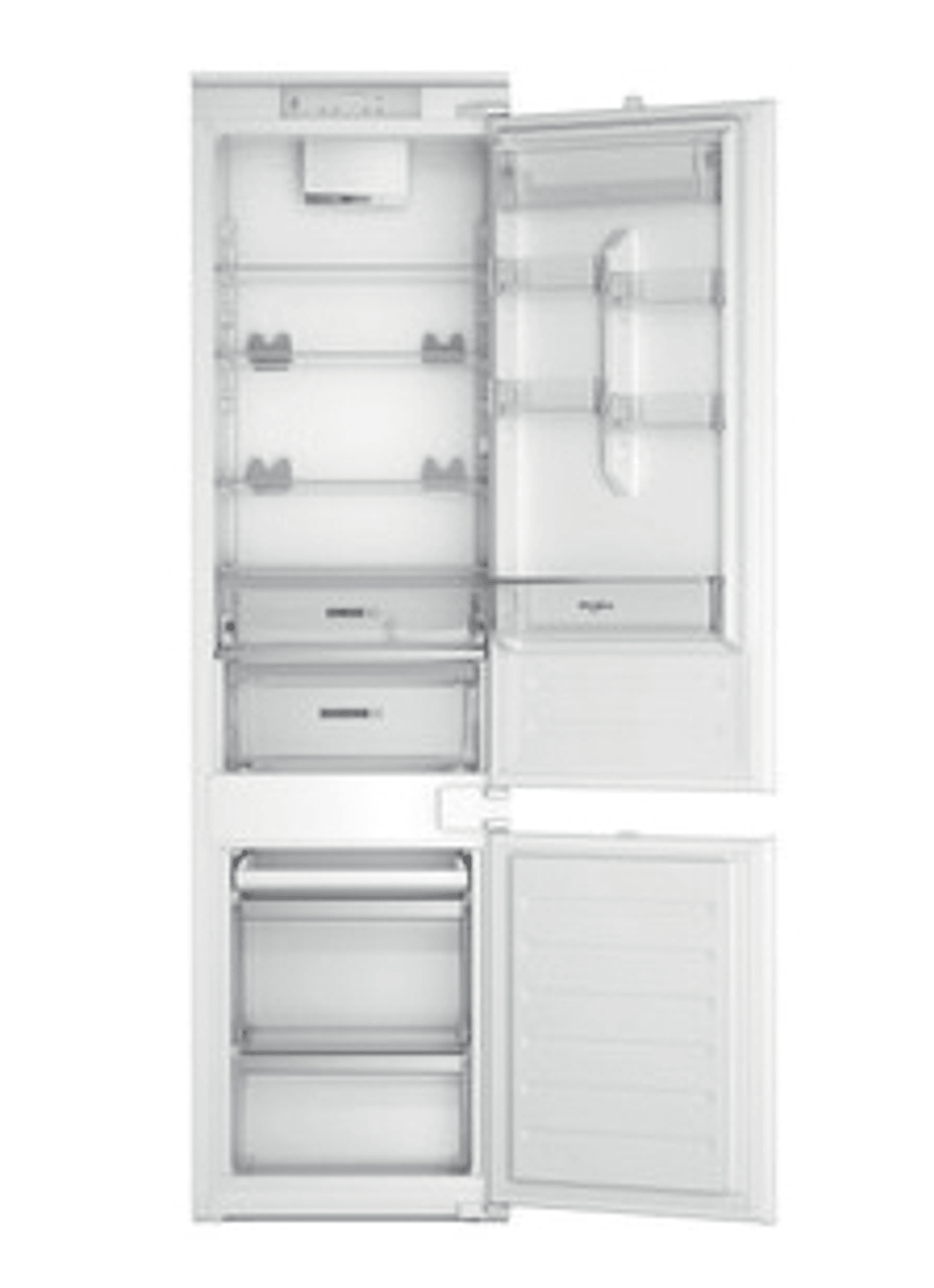 Un frigorífico blanco con la puerta abierta, vacío y encendido, mostrando estantes y cajones.