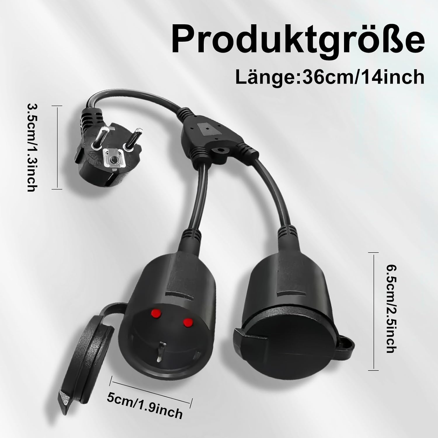 Schwarzes Verlängerungskabel mit Stecker und zwei Buchsen, Maße angegeben.