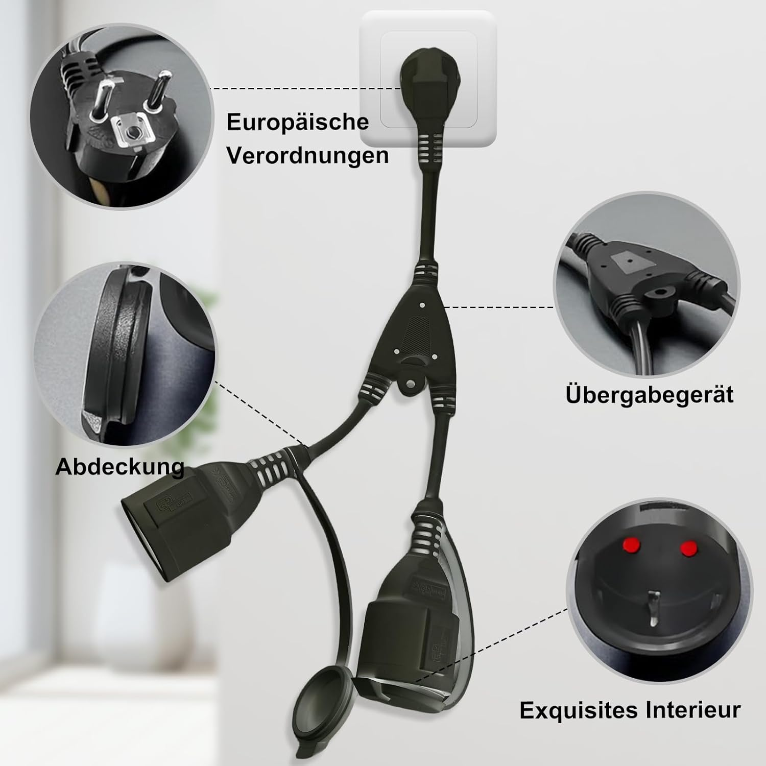 Schwarzer Stromverteiler mit mehreren Steckdosen und einem Stecker in einer Steckdose.