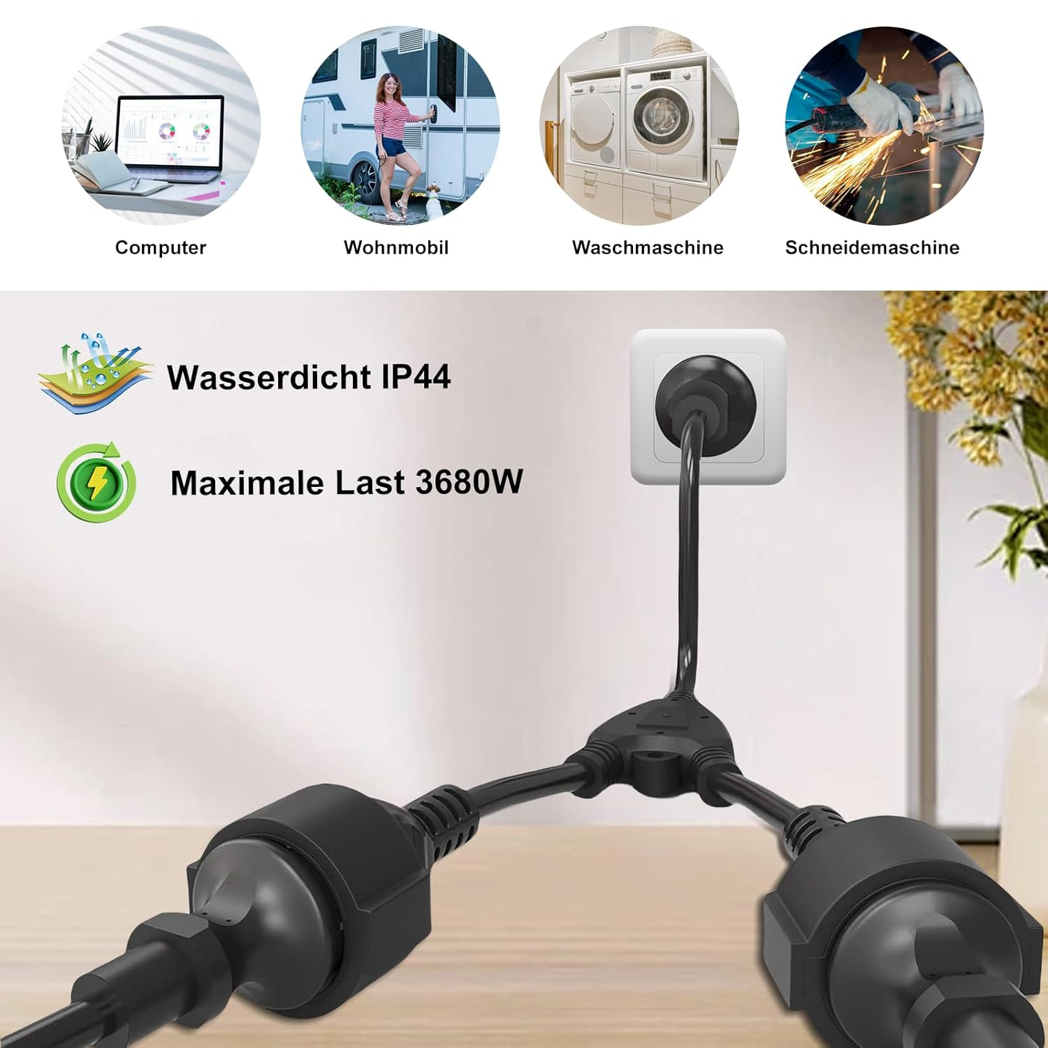 Verlängerungskabel mit zwei Steckdosen, IP44 wasserdicht, 3680W.