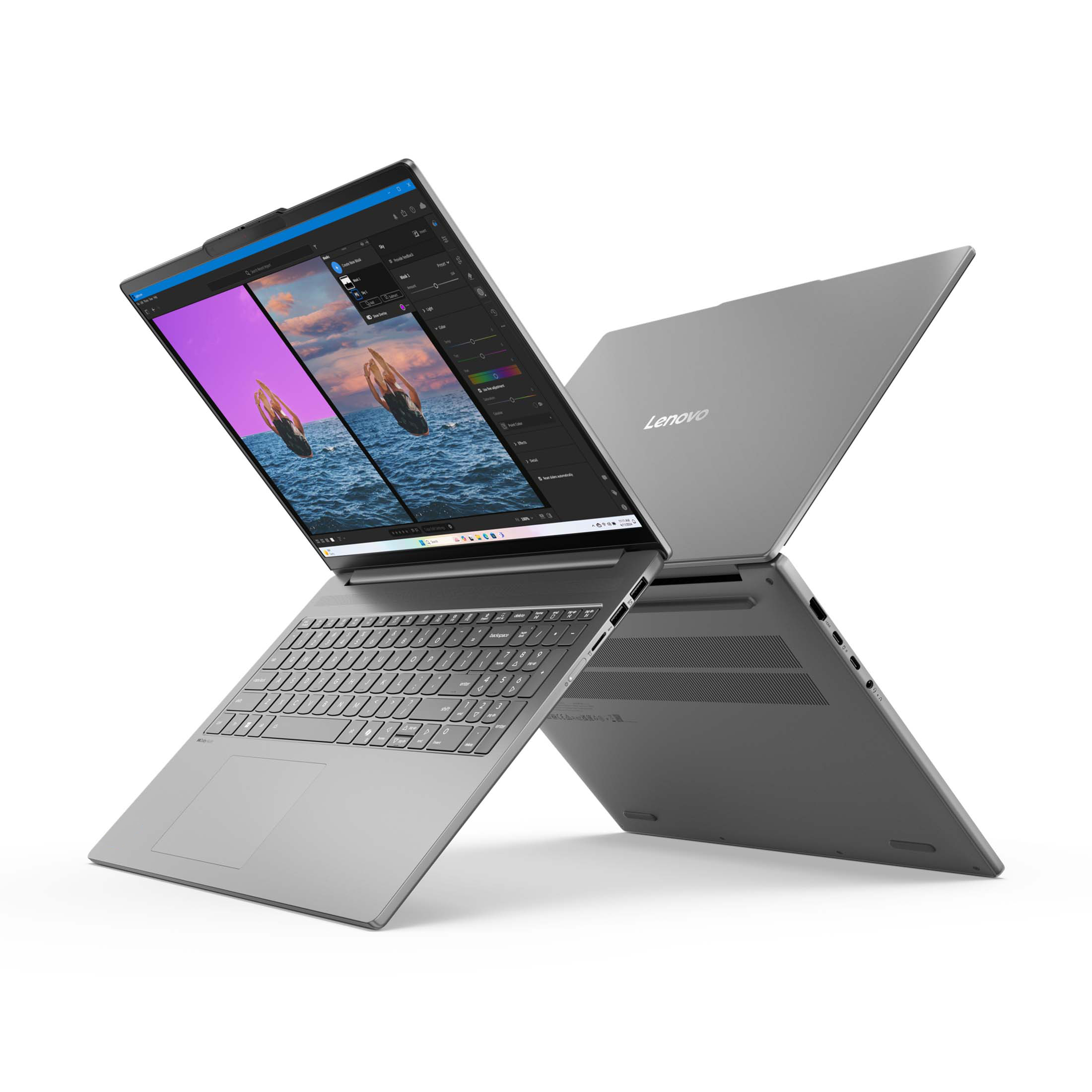 Ein graues Lenovo Laptop ist geöffnet und zeigt ein Bildbearbeitungsprogramm.