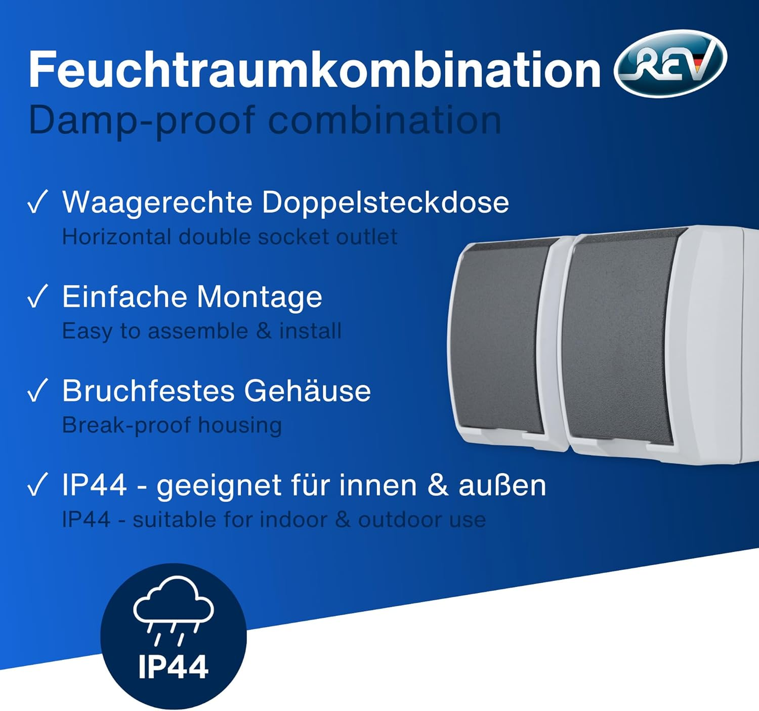 Feuchtraumkombination: Steckdose, Montage, Gehäuse, IP44.