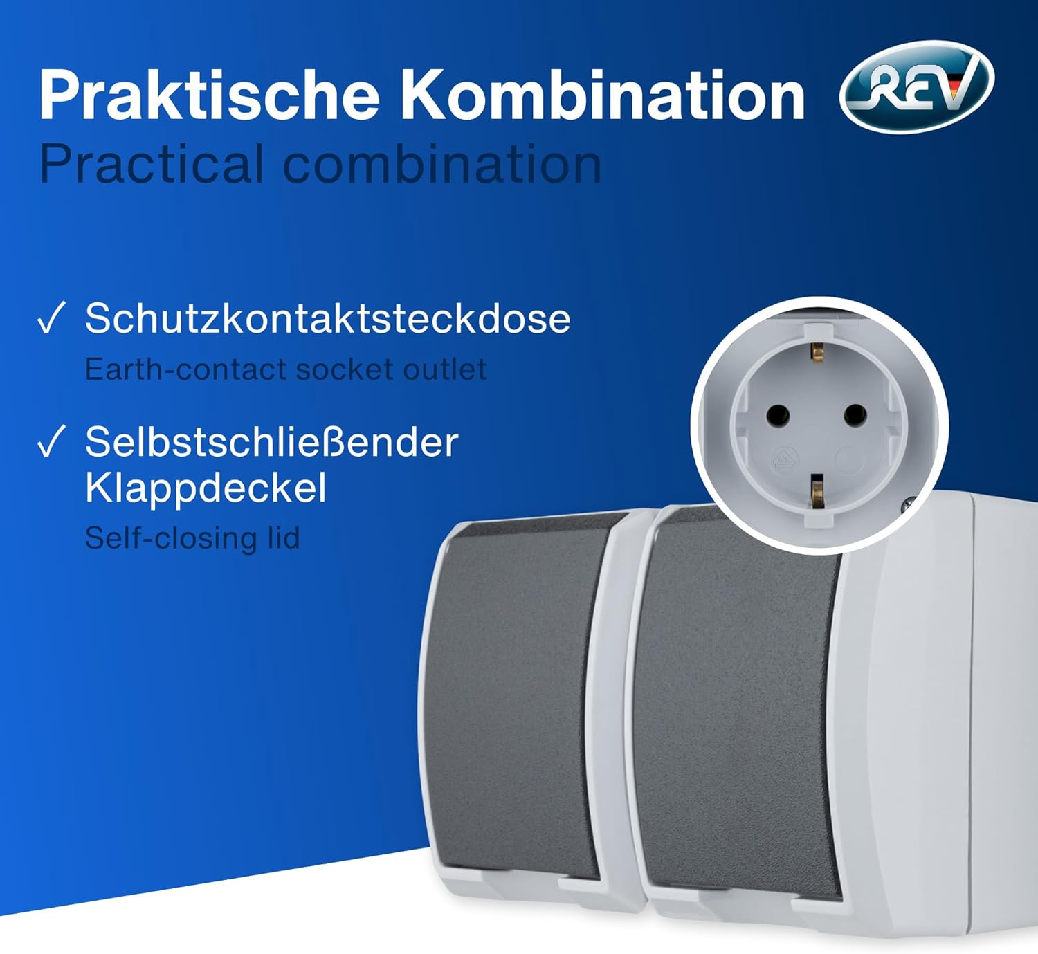 Praktische Kombination: Steckdose mit Schutzkontakt und selbstschließendem Klappdeckel.