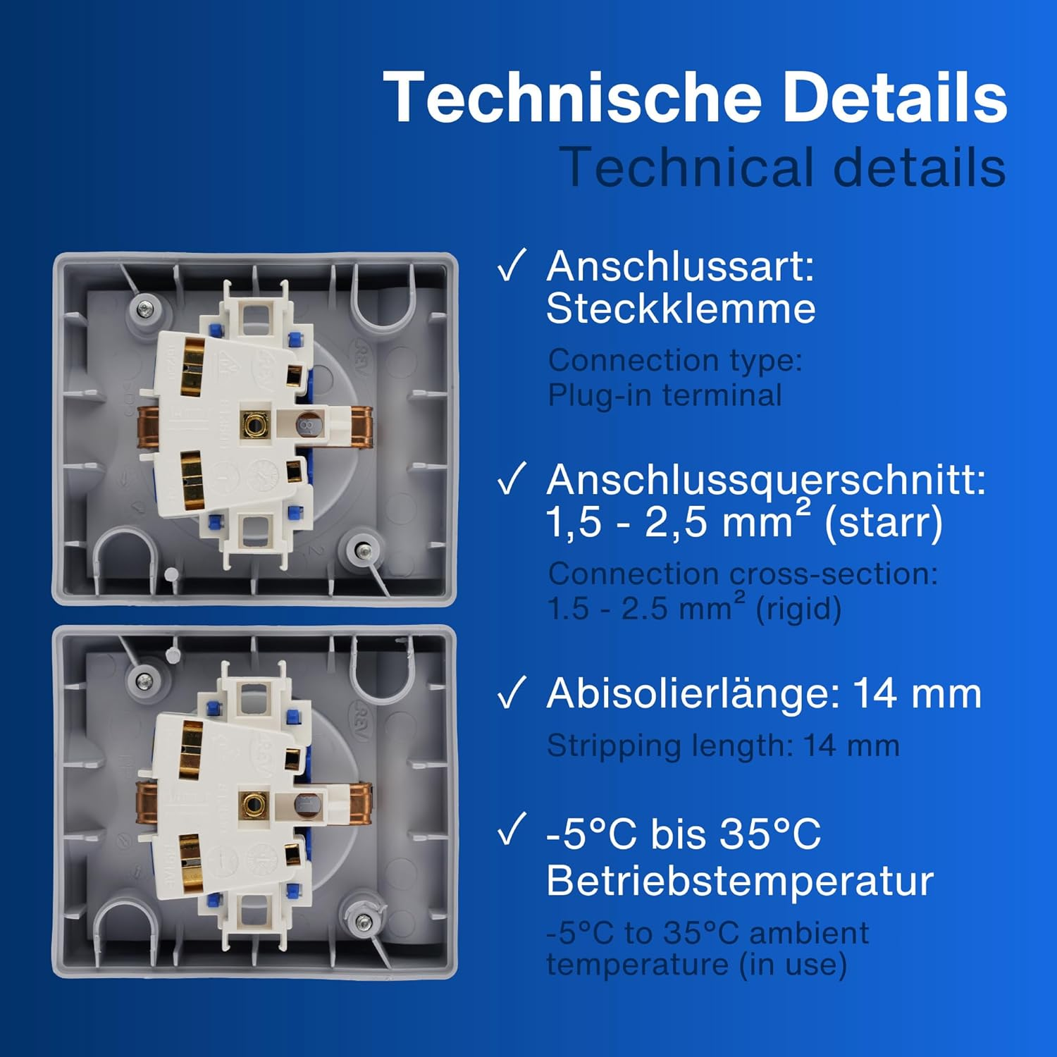 Technische Details: Steckklemme, 1,5-2,5 mm², 14 mm Abisolierlänge, -5 bis 35°C.