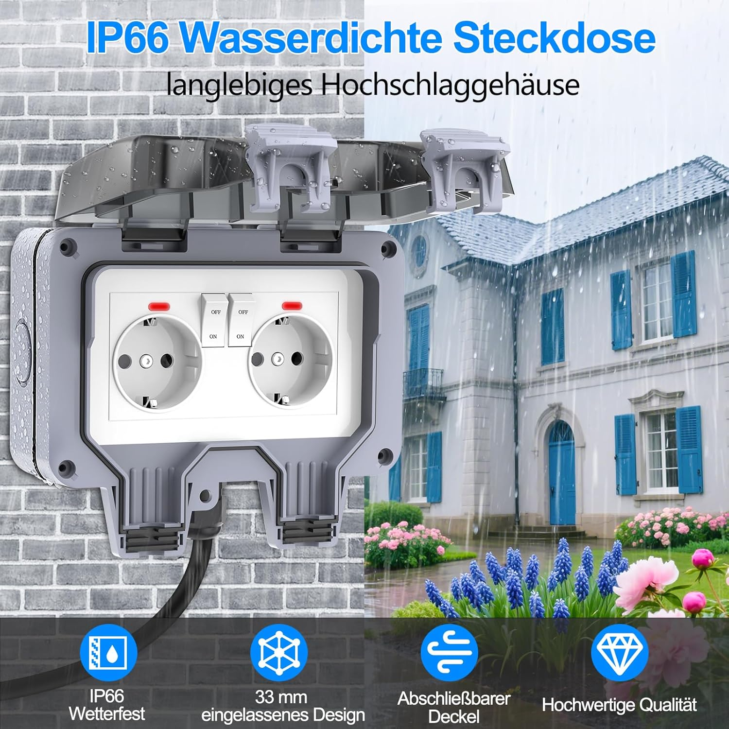Wasserdichte Steckdose mit zwei Schaltern vor einem Haus im Regen.