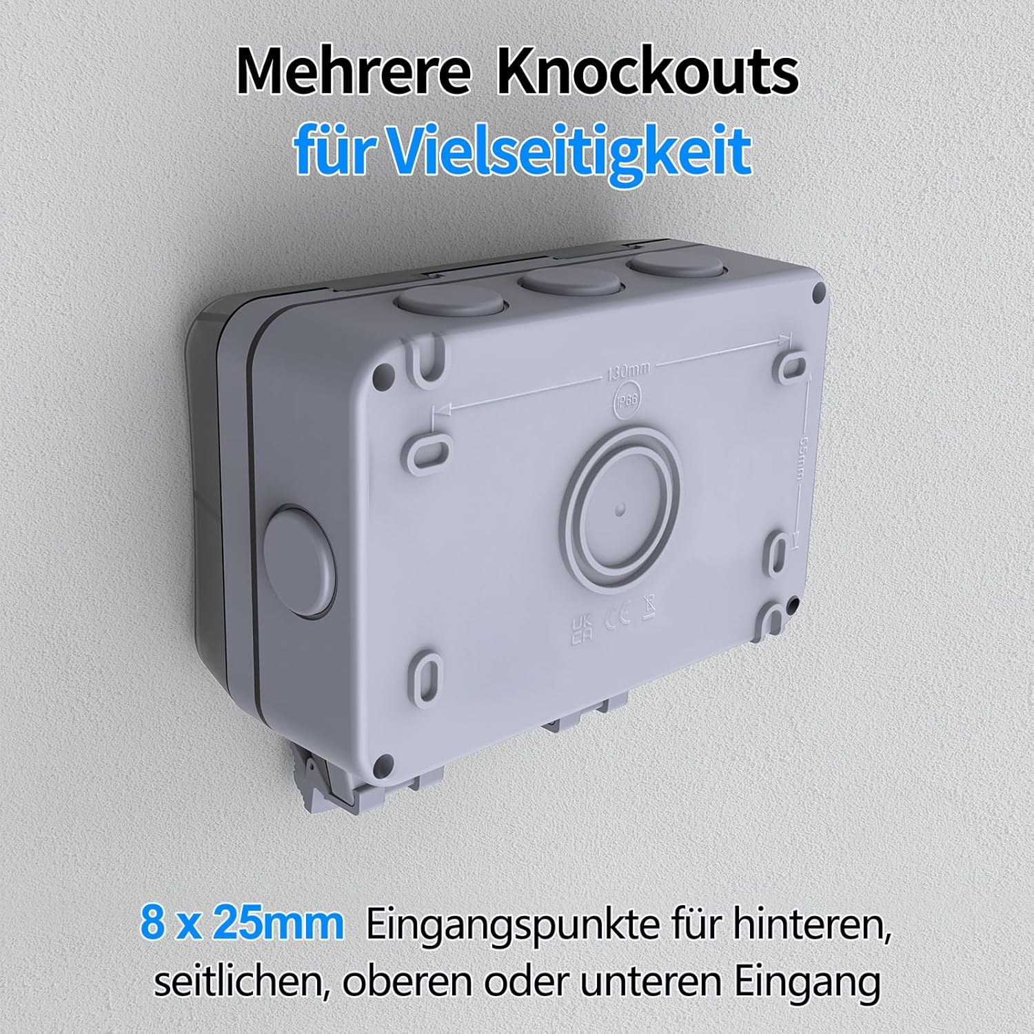 Graue elektrische Anschlussbox mit 8x 25mm Ein- und Ausgängen. IP66.