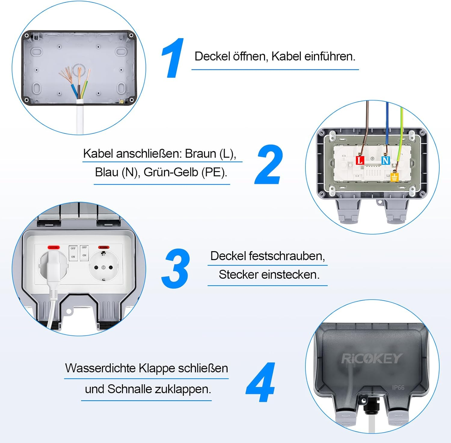 Schritt-für-Schritt-Anleitung für eine wasserdichte Steckdose.
