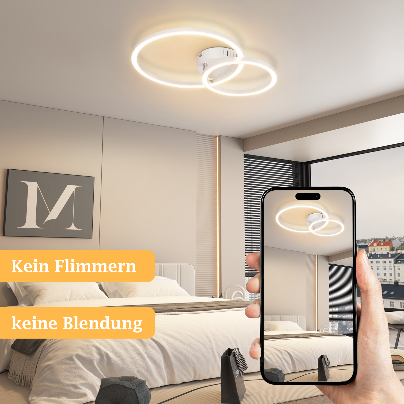 Camera da letto moderna con letto, quadro e lampada da soffitto mostrati su telefono.