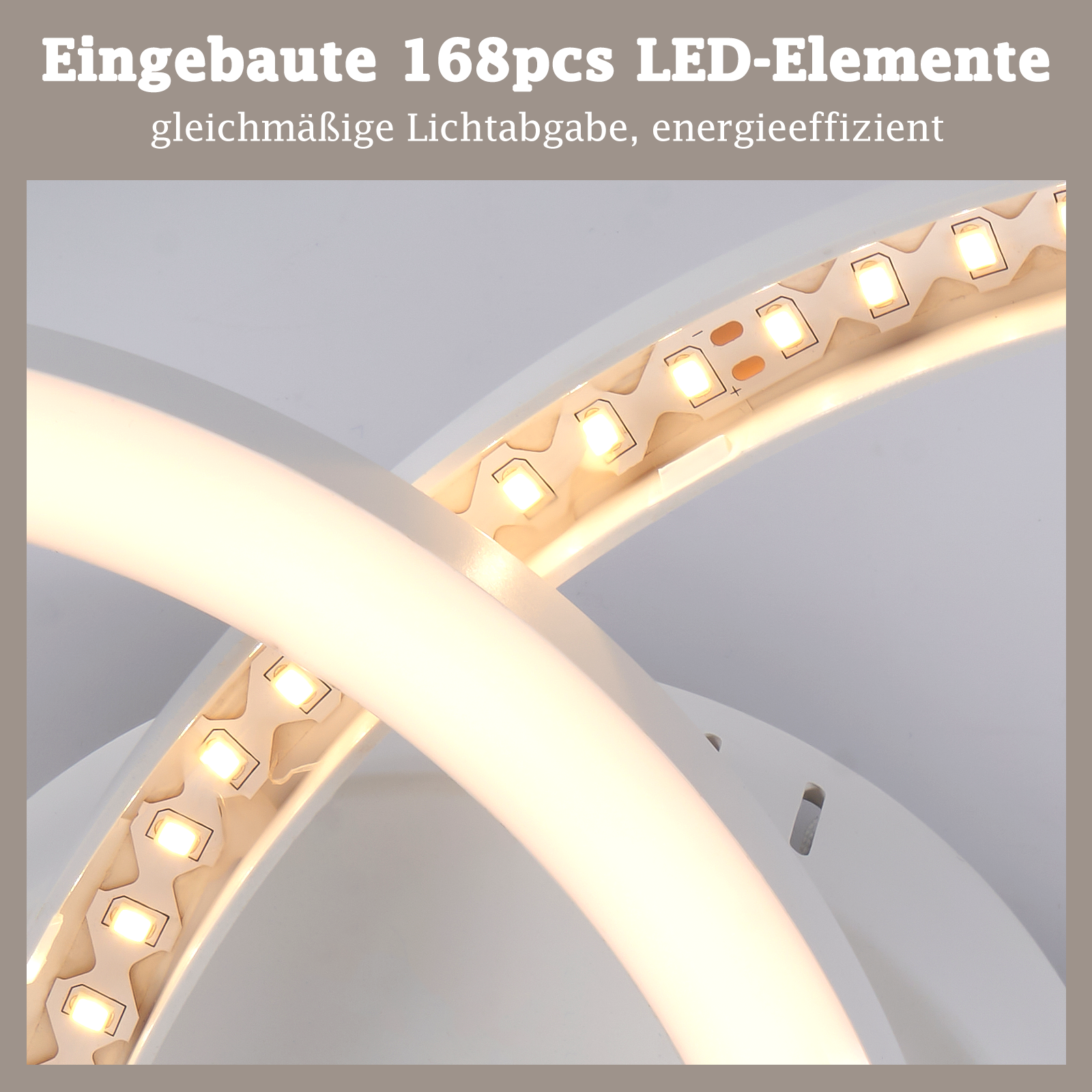 Primo piano di una lampada da soffitto con strisce LED integrate che emettono luce calda.