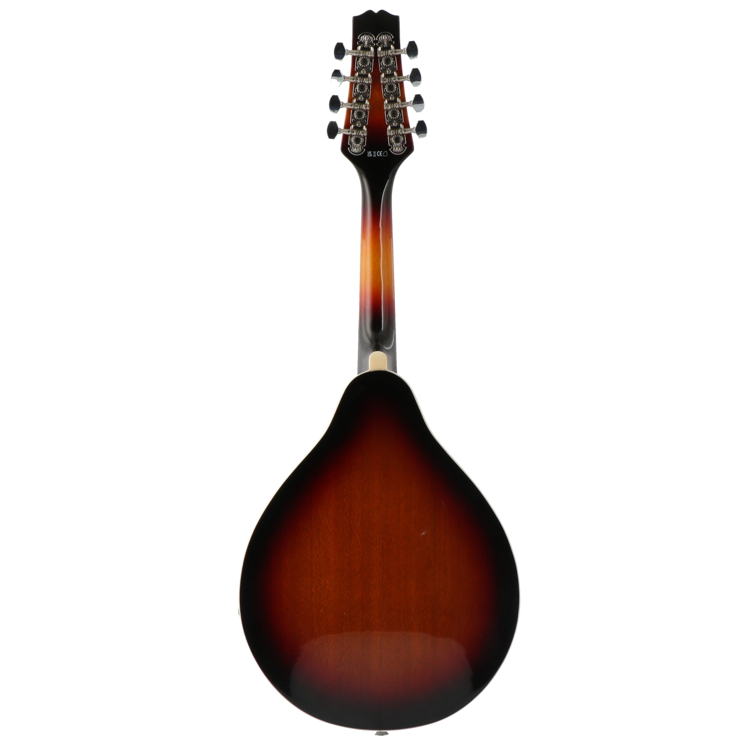 Achterkant van een sunburst mandoline met zilveren stemmechanieken.