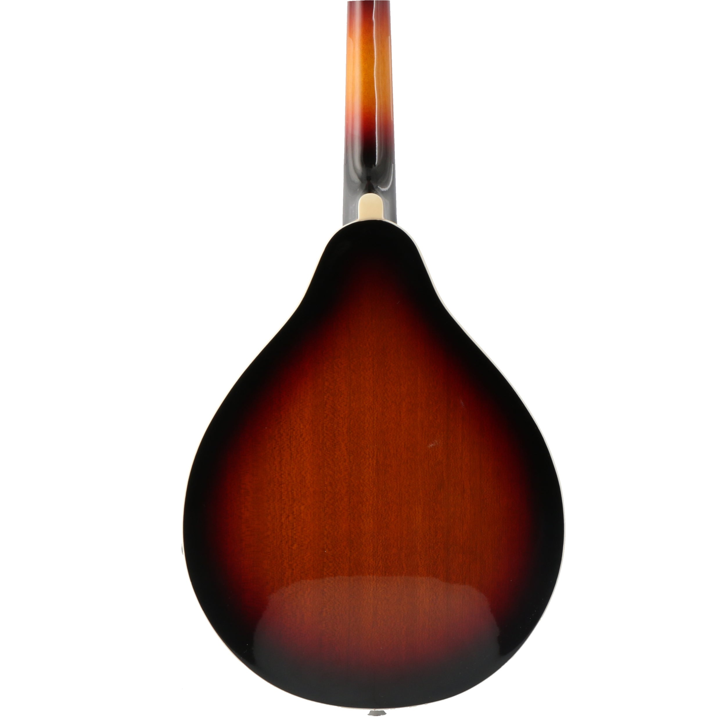 Achterkant van een mandoline met sunburst afwerking, vervagend van roodbruin naar zwart.