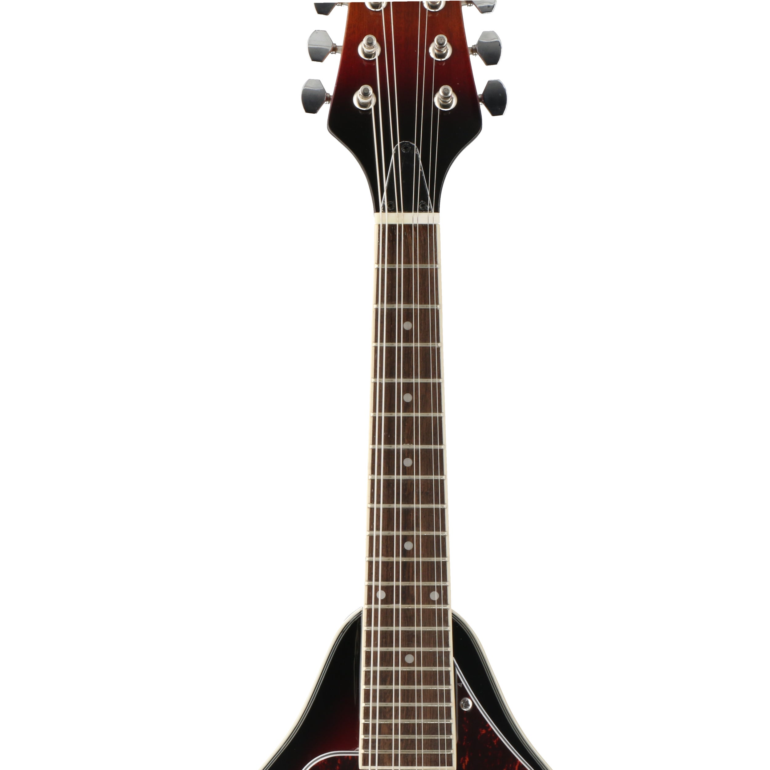 Close-up van de kop en hals van een mandoline met acht snaren en stemmechanieken.