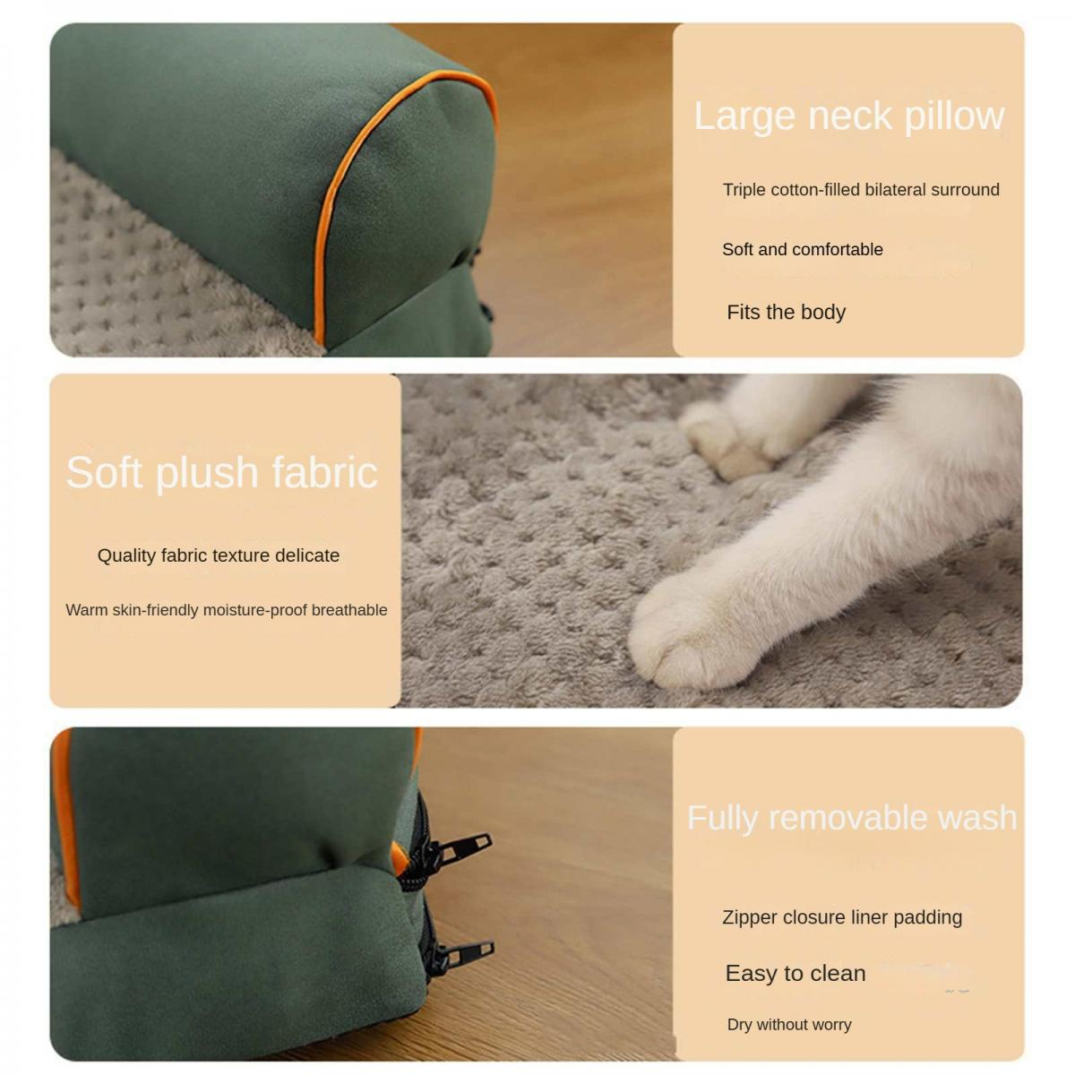 Grünes Nackenkissen mit orangefarbener Paspelierung, weicher Stoff. Katzenpfote auf Teppich.